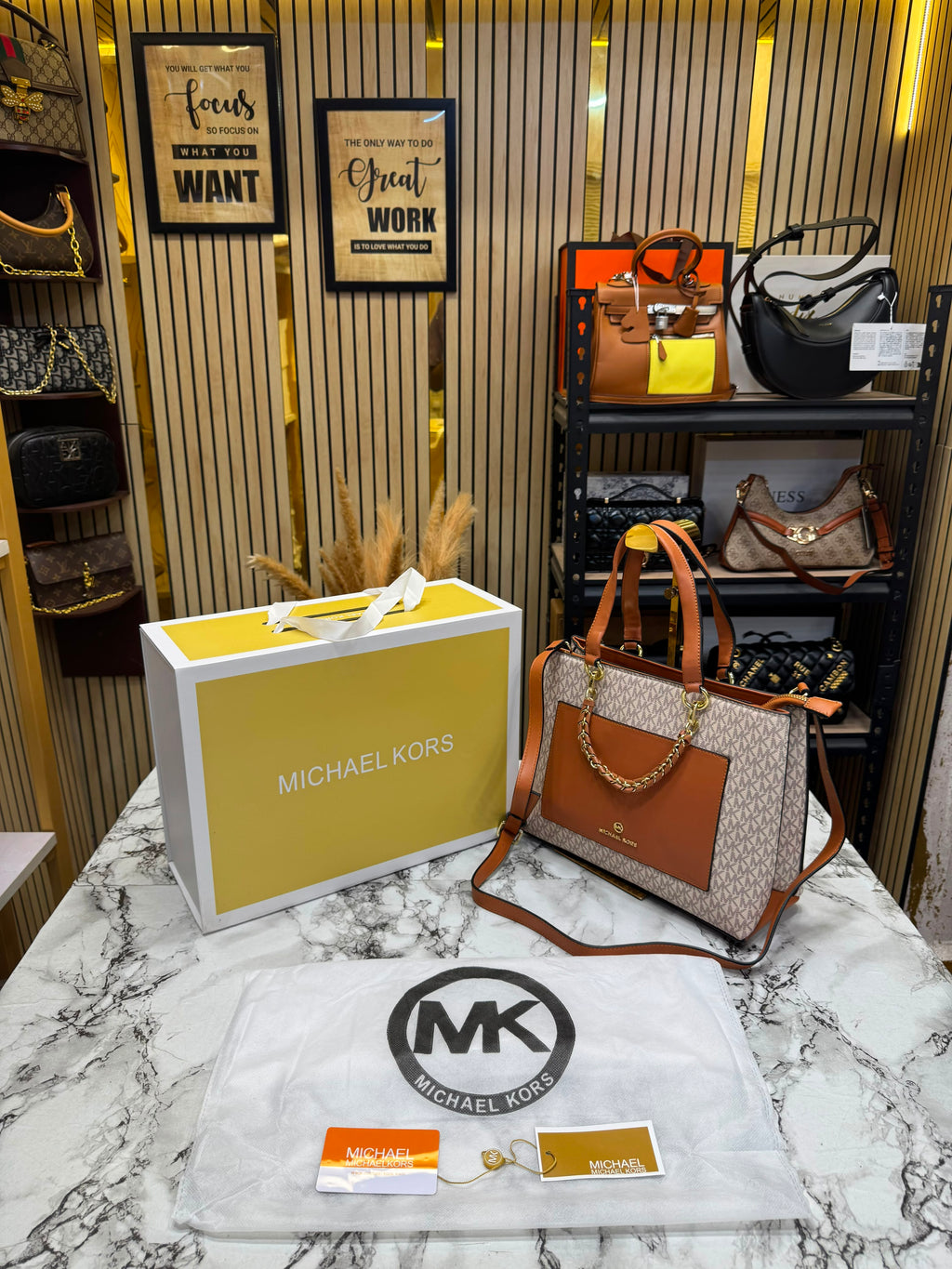 MK-Inspired Prorsum Handbag With Dust Bag And Magnetic Box Premium Quality (Beige brown)