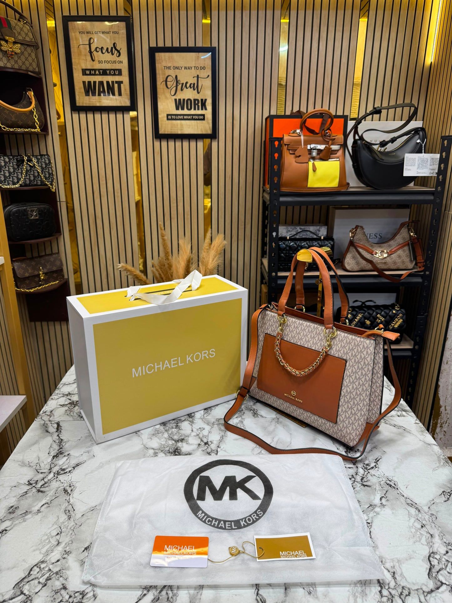 MK-Inspired Prorsum Handbag With Dust Bag And Magnetic Box Premium Quality (Beige brown)