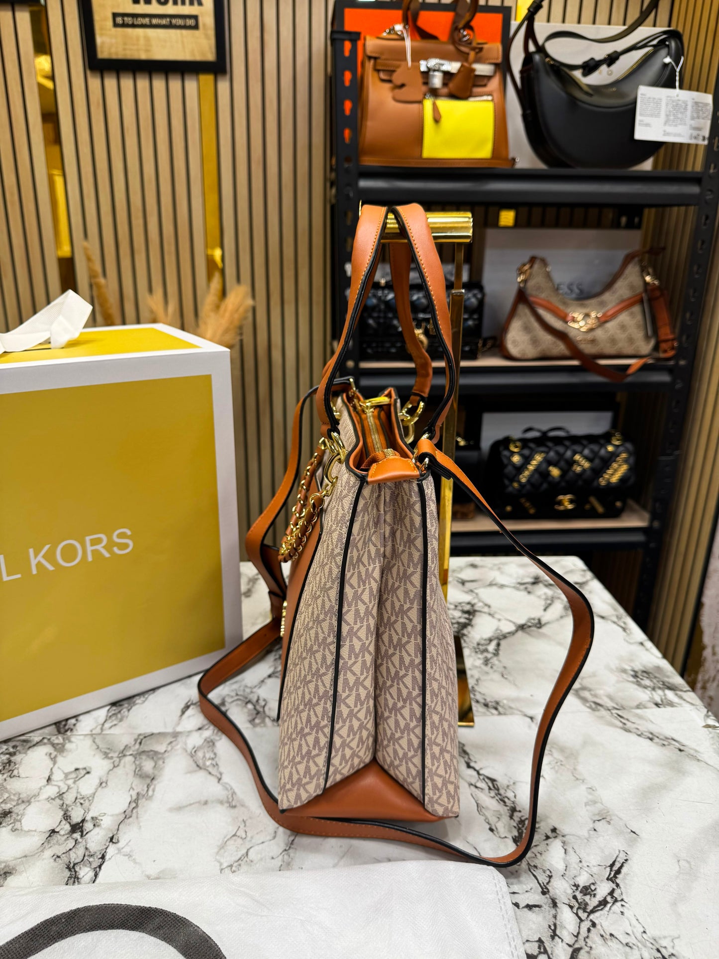 MK-Inspired Prorsum Handbag With Dust Bag And Magnetic Box Premium Quality (Beige brown)