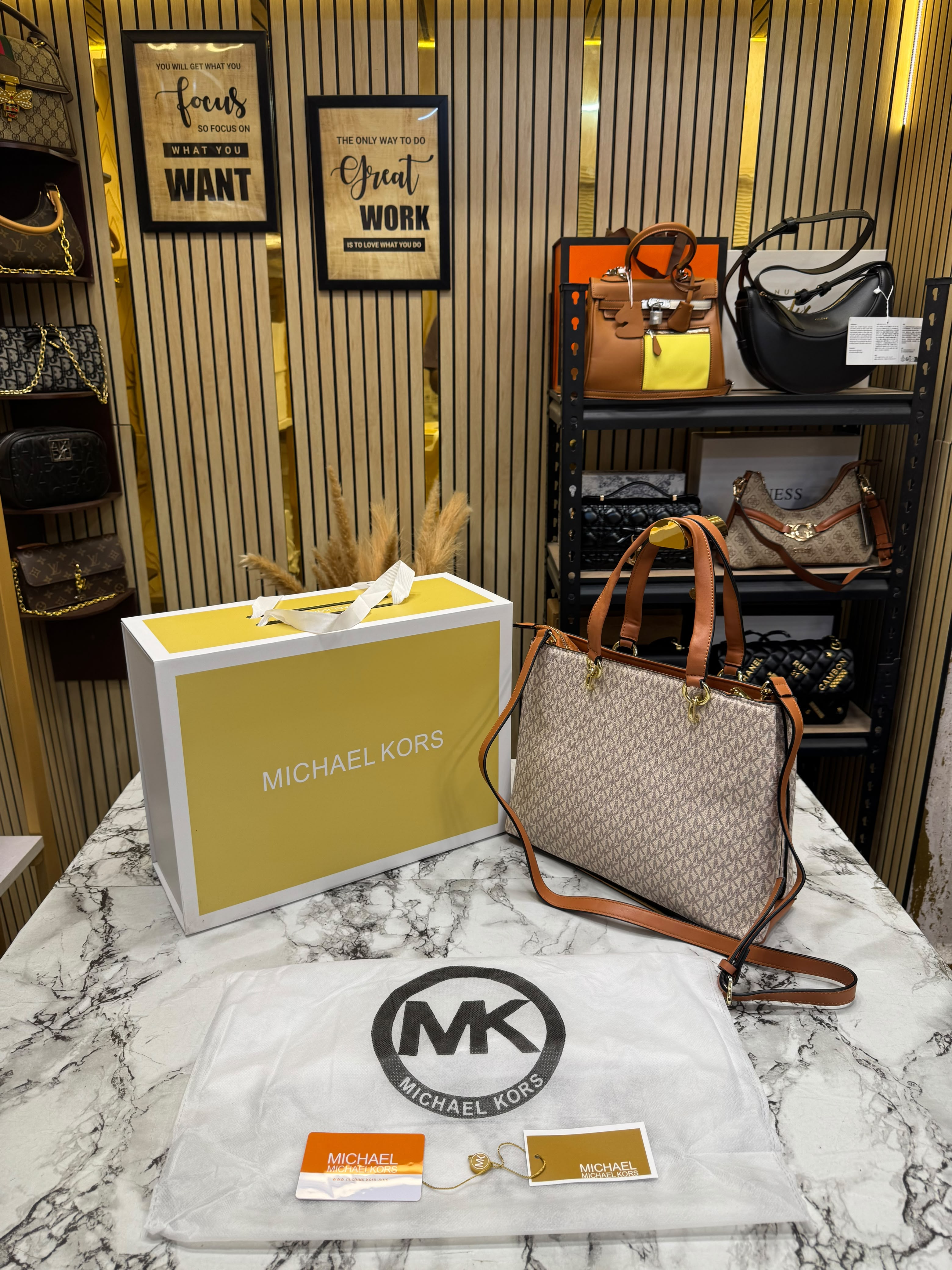 MK-Inspired Prorsum Handbag With Dust Bag And Magnetic Box Premium Quality (Beige brown) Secondary image