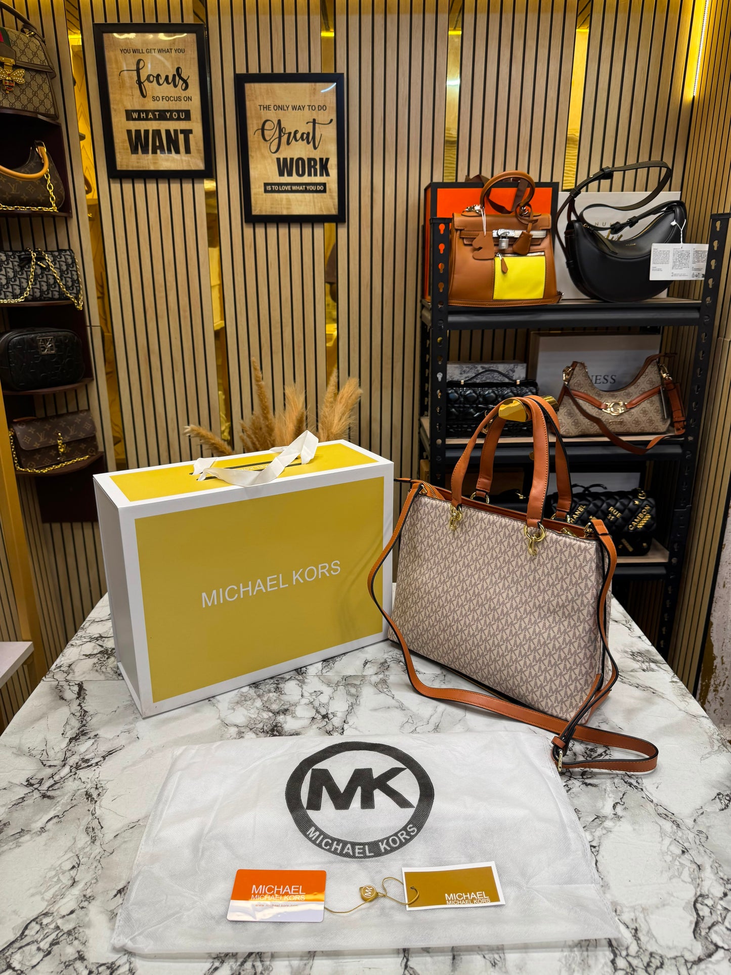 MK-Inspired Prorsum Handbag With Dust Bag And Magnetic Box Premium Quality (Beige brown)