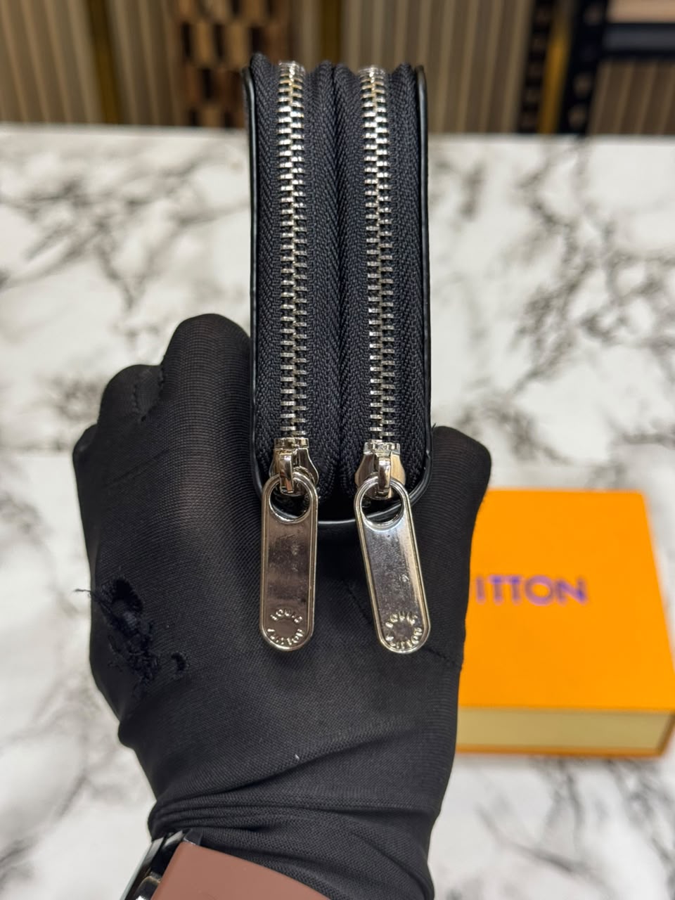 LV Inspired Double Zipper Premium Wallet With Box (Black Square)