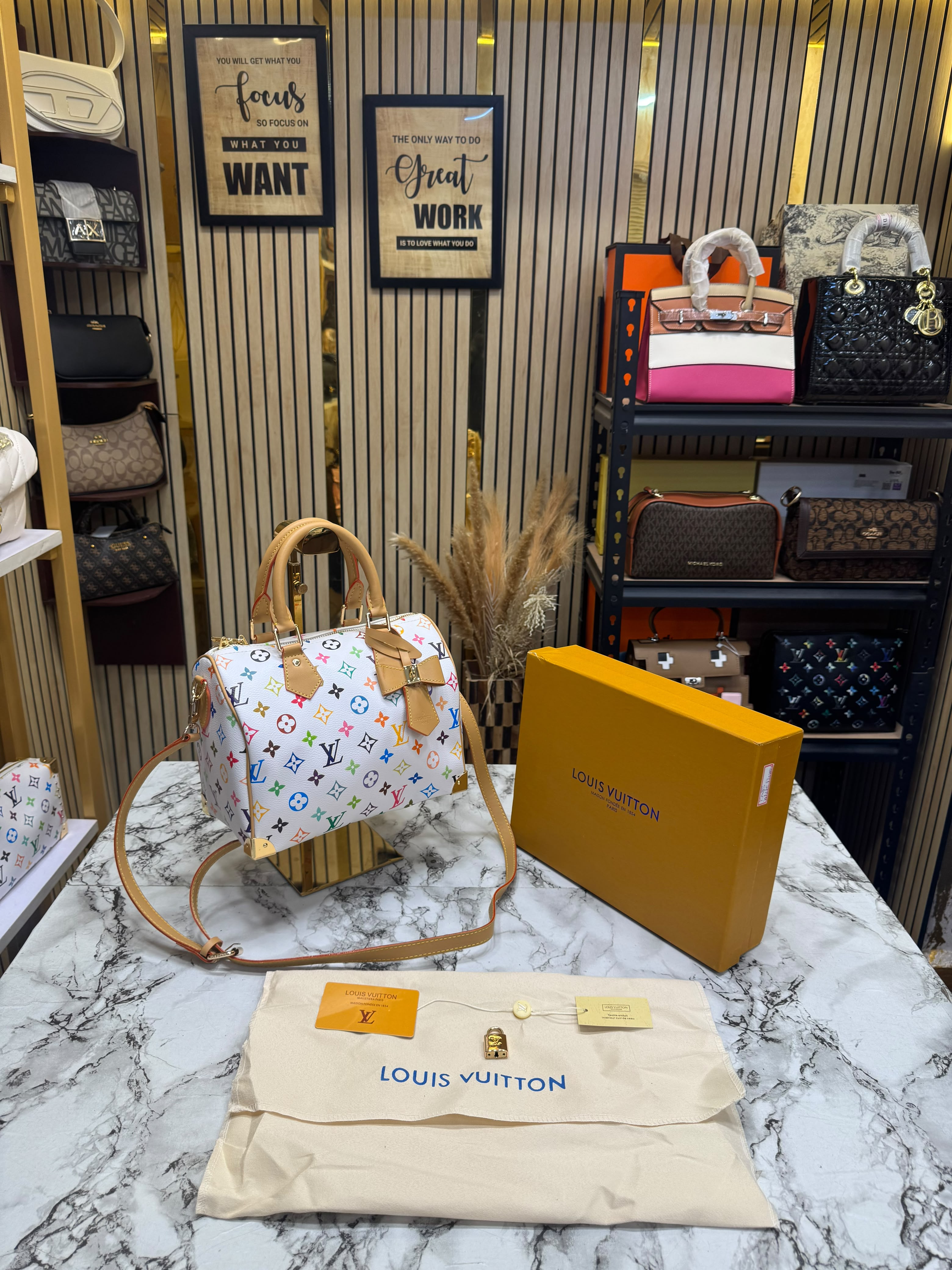 LV-Inspired Speedy Monogram Multicolour Shoulder Bag With Box And Dust Bag (White-Flower) (13085) Secondary image