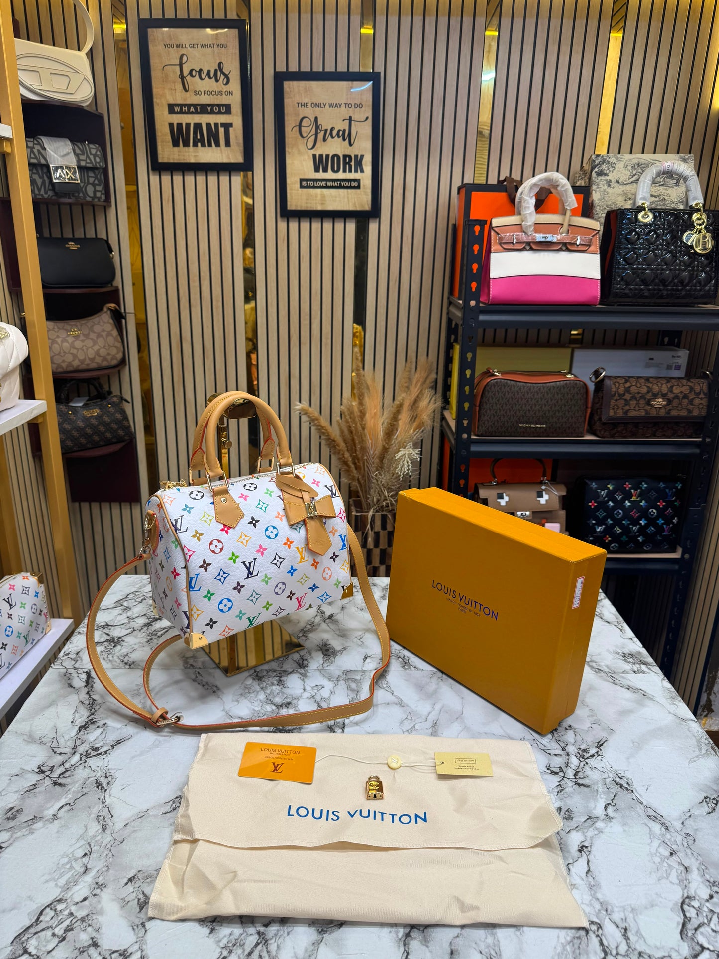 LV-Inspired Speedy Monogram Multicolour Shoulder Bag With Box And Dust Bag (White-Flower) (13085)