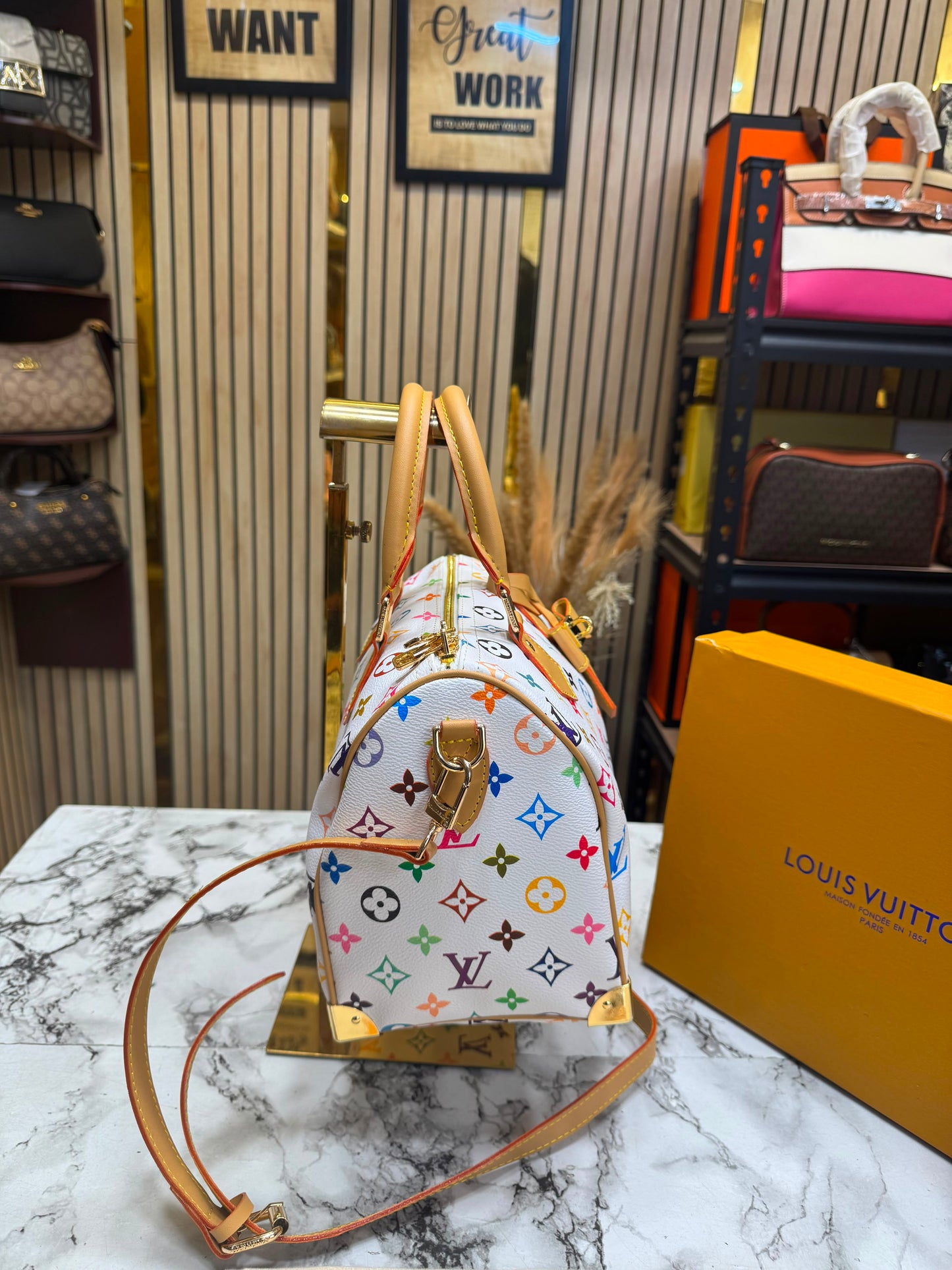 LV-Inspired Speedy Monogram Multicolour Shoulder Bag With Box And Dust Bag (White-Flower) (13085)