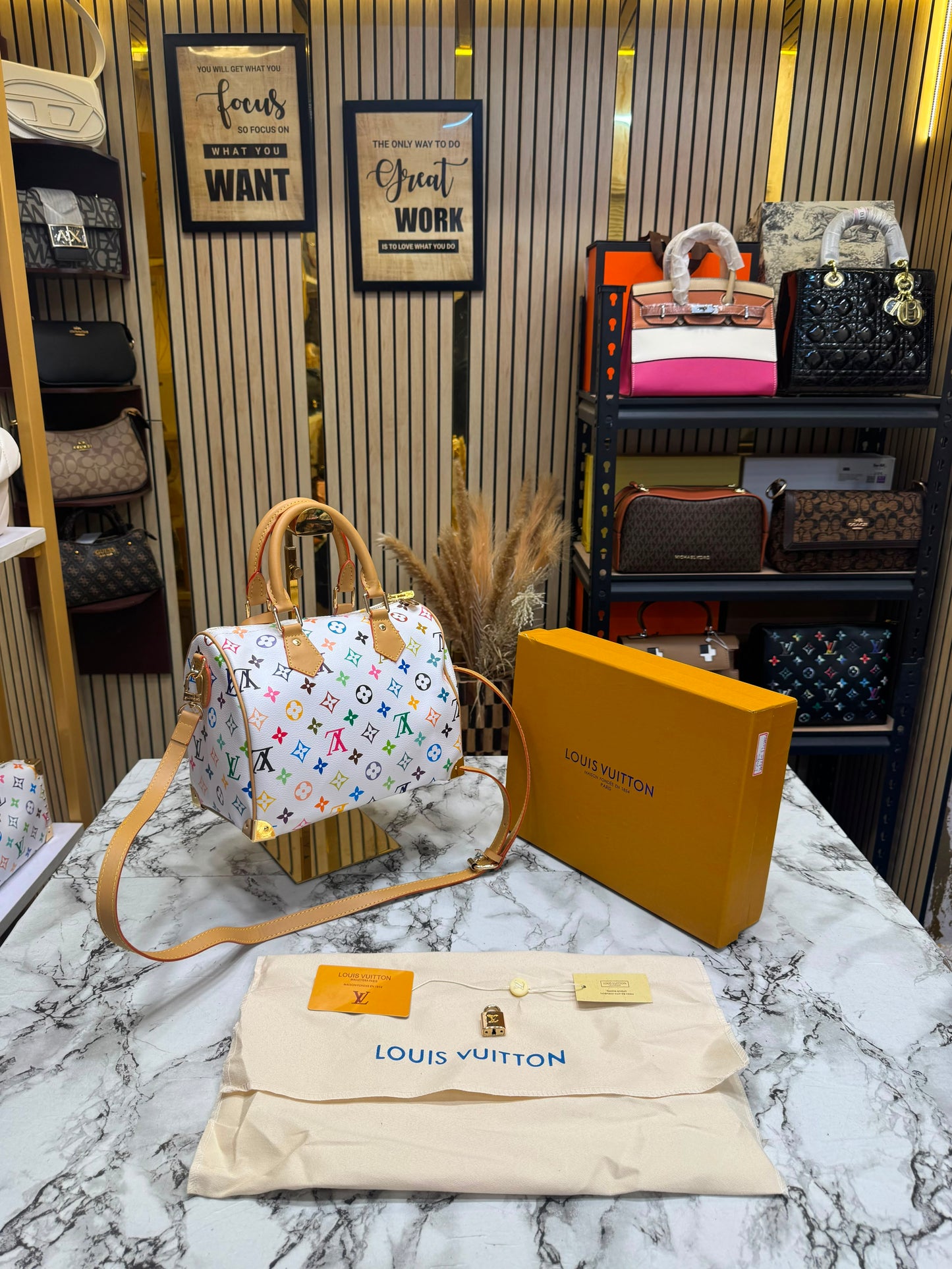 LV-Inspired Speedy Monogram Multicolour Shoulder Bag With Box And Dust Bag (White-Flower) (13085)