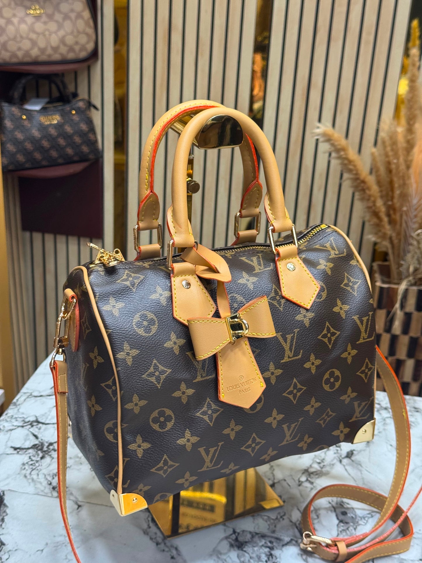 LV-Inspired Speedy Monogram Multicolour Shoulder Bag With Box And Dust Bag (Brown-Flower)