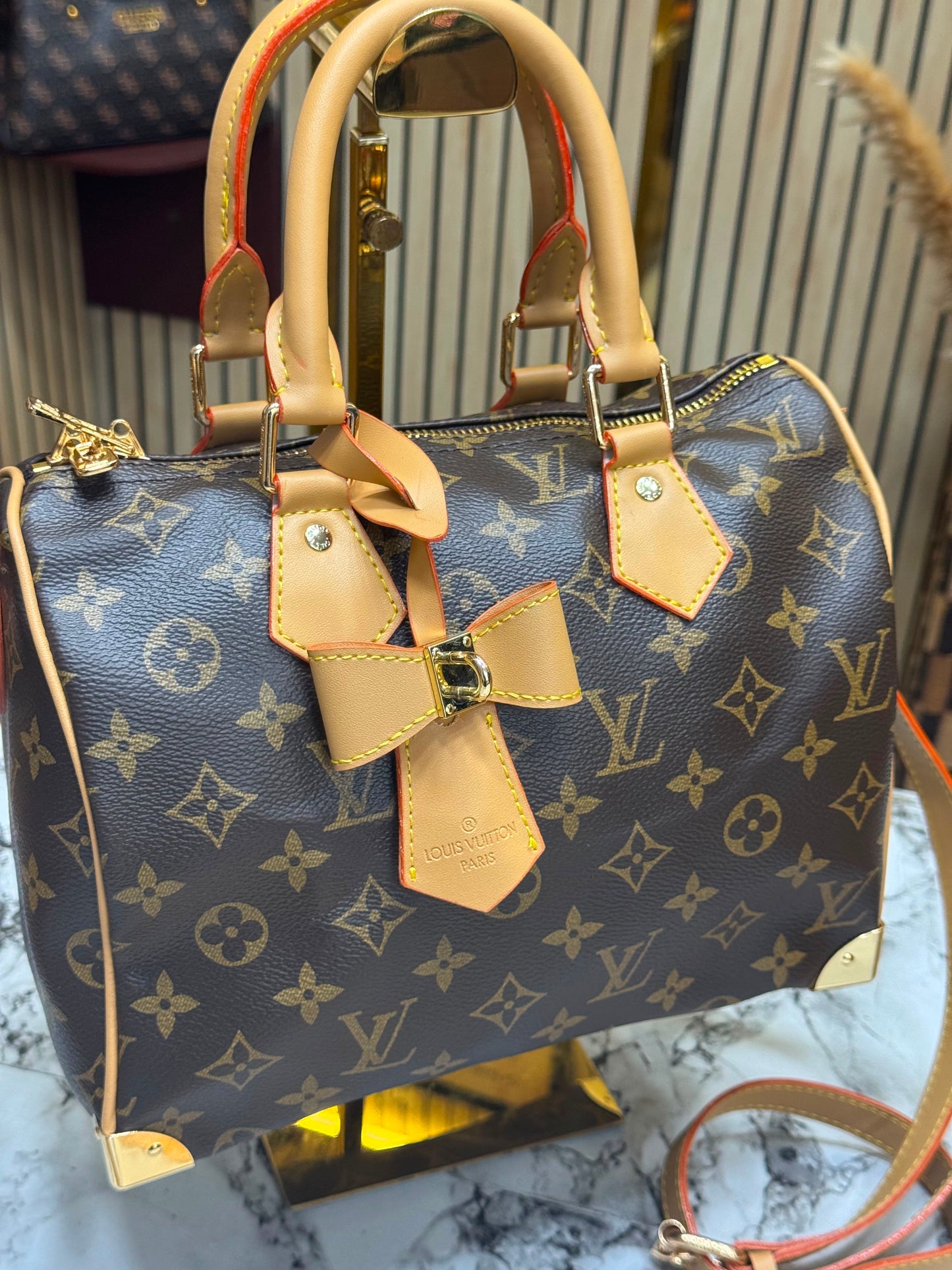 LV-Inspired Speedy Monogram Multicolour Shoulder Bag With Box And Dust Bag (Brown-Flower)
