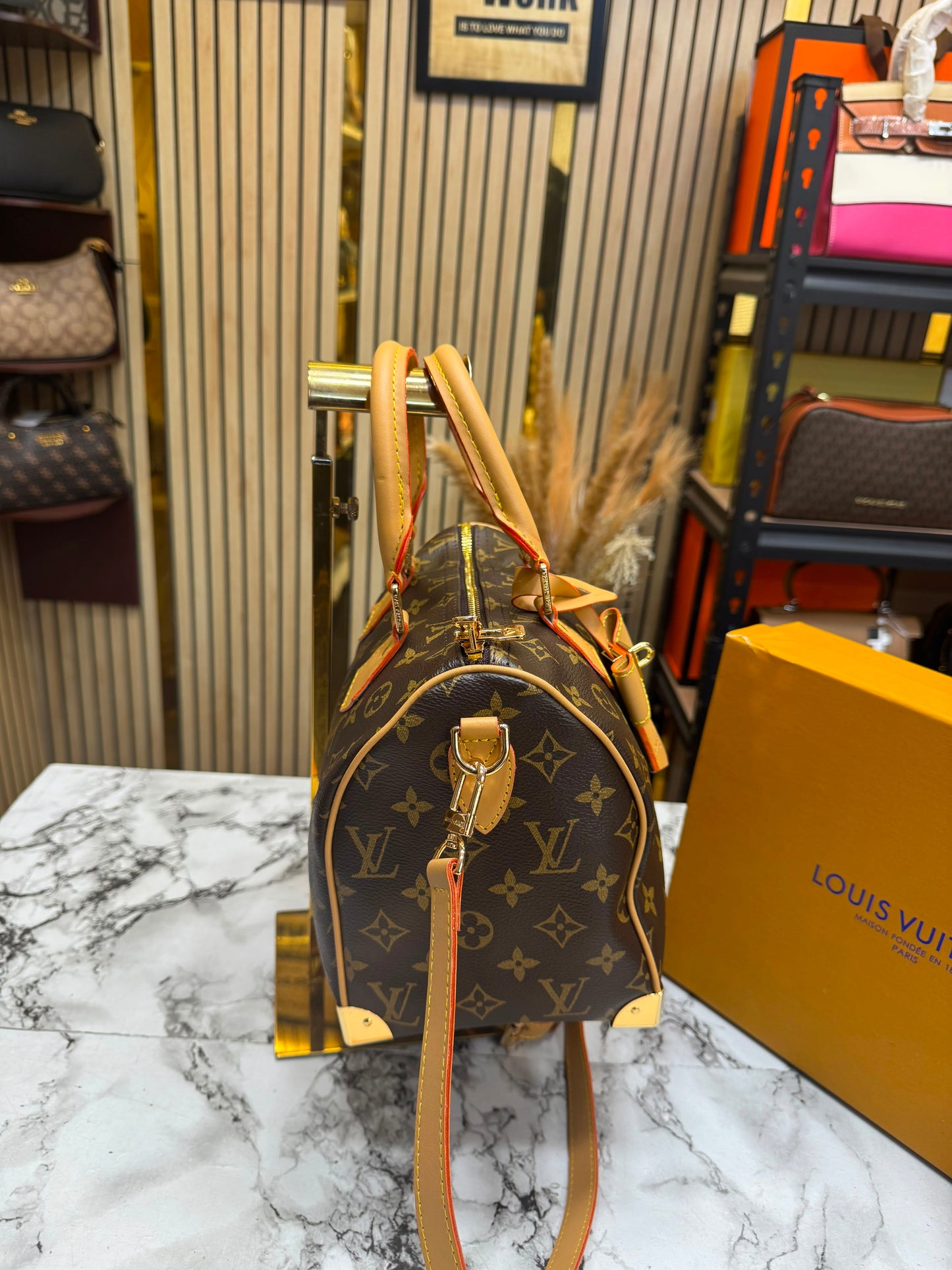 LV-Inspired Speedy Monogram Multicolour Shoulder Bag With Box And Dust Bag (Brown-Flower)