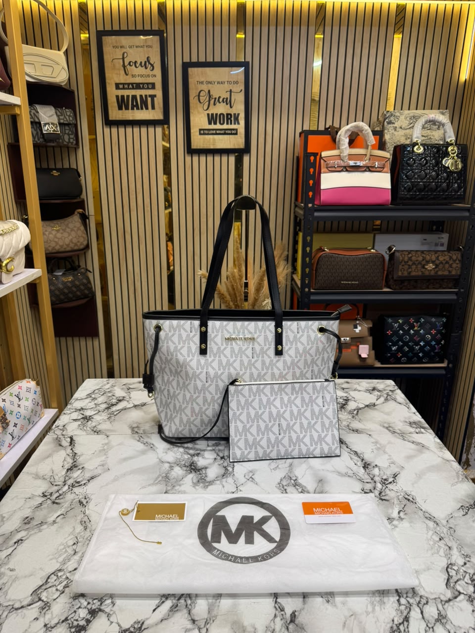 MK-Inspired Large Jet Set Big Mk Print Tote Bag With Dust Bag (White)