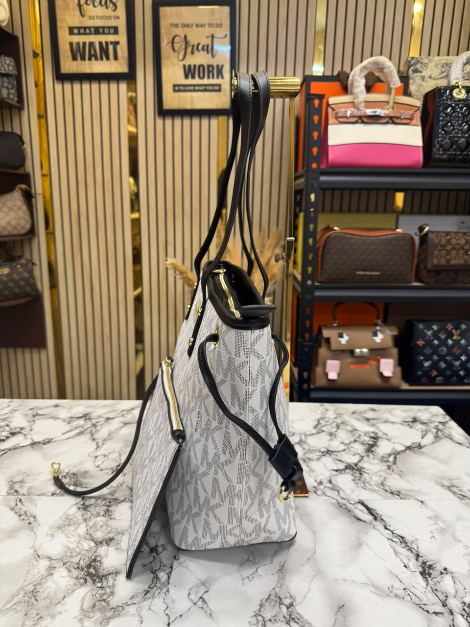 MK-Inspired Large Jet Set Big Mk Print Tote Bag With Dust Bag (White)