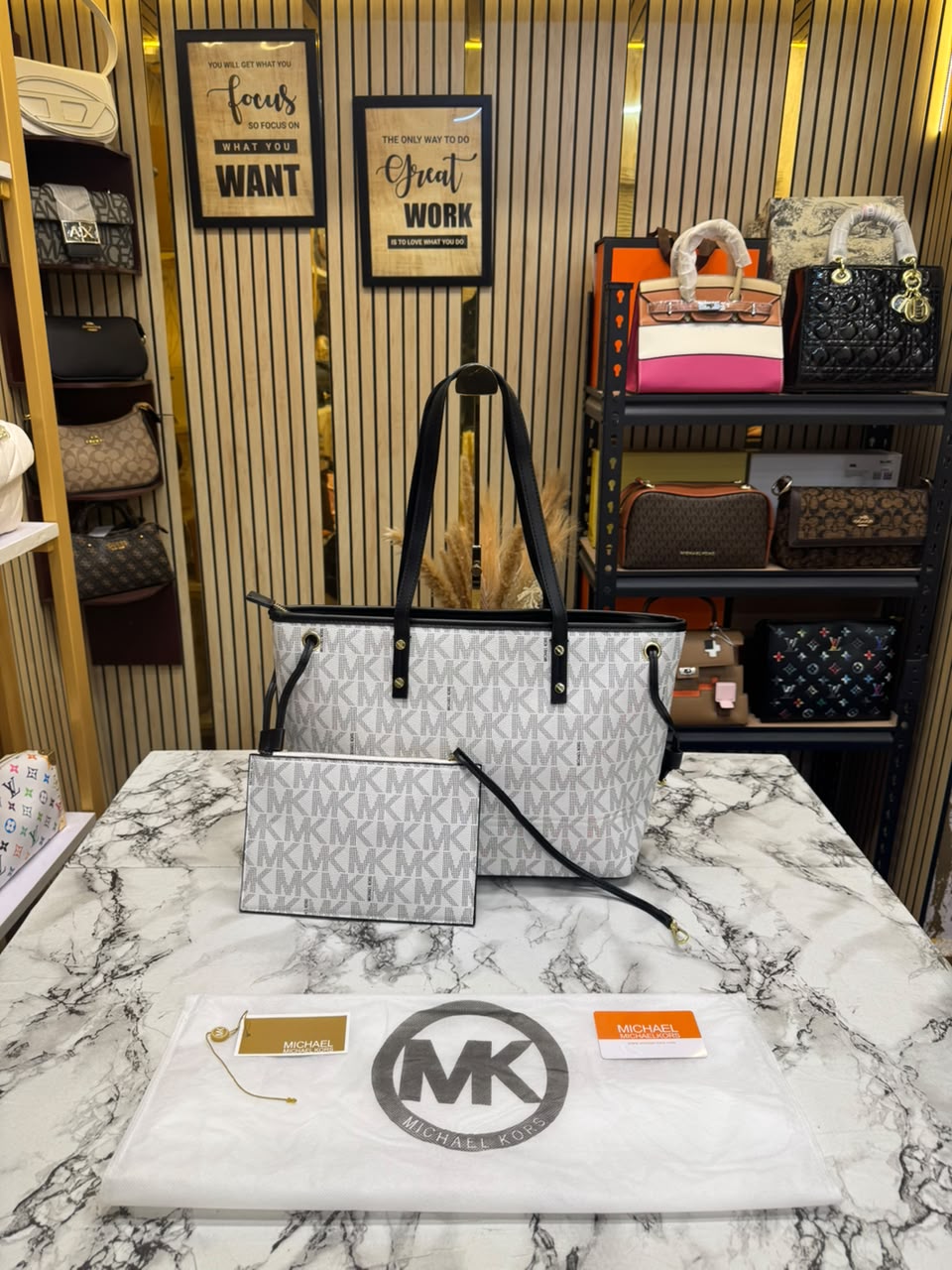 MK-Inspired Large Jet Set Big Mk Print Tote Bag With Dust Bag (White)
