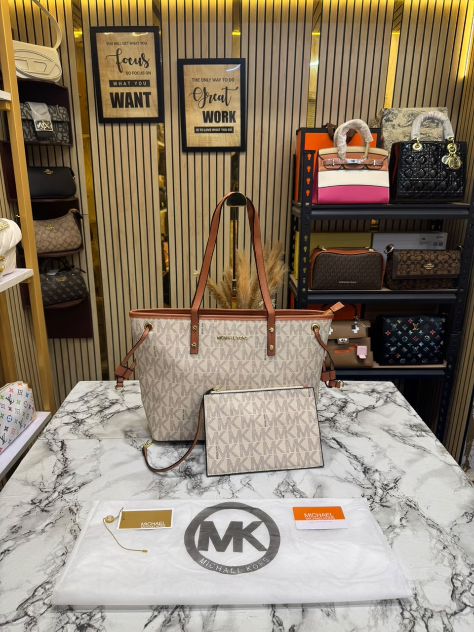 MK-Inspired Large Jet Set Big Mk Print Tote Bag With Dust Bag (Beige)