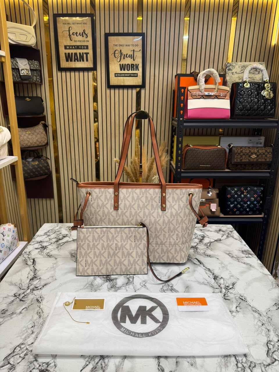 MK-Inspired Large Jet Set Big Mk Print Tote Bag With Dust Bag (Beige)