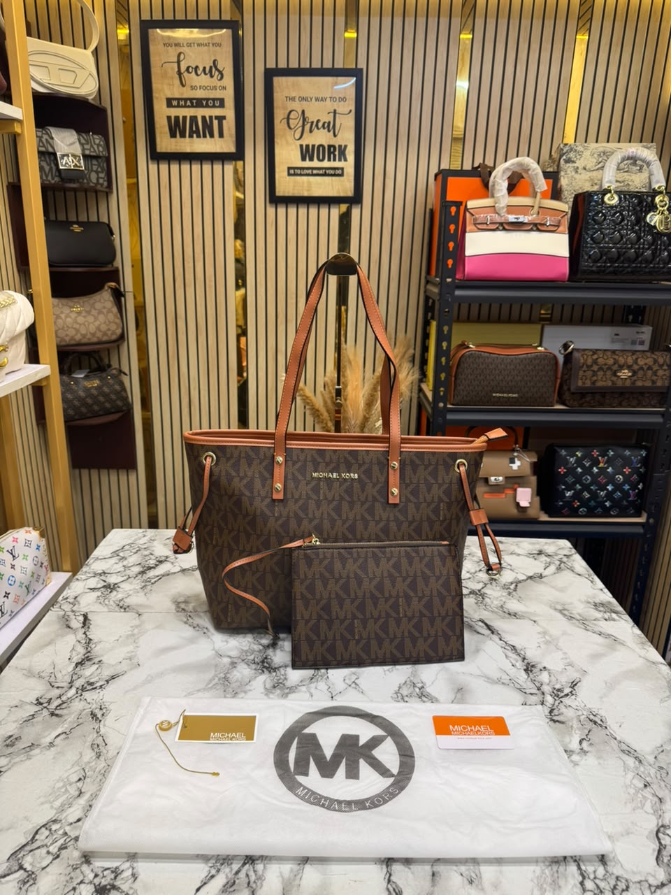 MK-Inspired Large Jet Set Big Mk Print Tote Bag With Dust Bag (Brown)