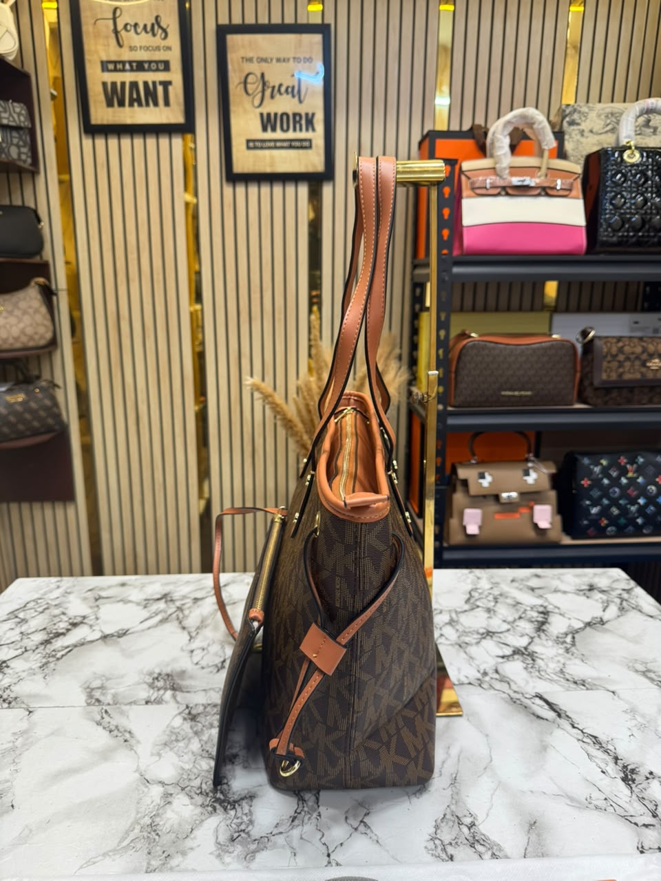 MK-Inspired Large Jet Set Big Mk Print Tote Bag With Dust Bag (Brown)