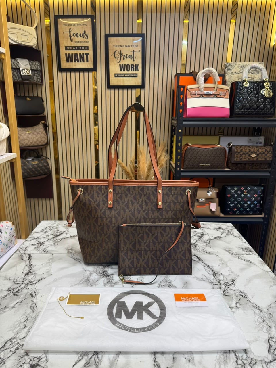 MK-Inspired Large Jet Set Big Mk Print Tote Bag With Dust Bag (Brown)