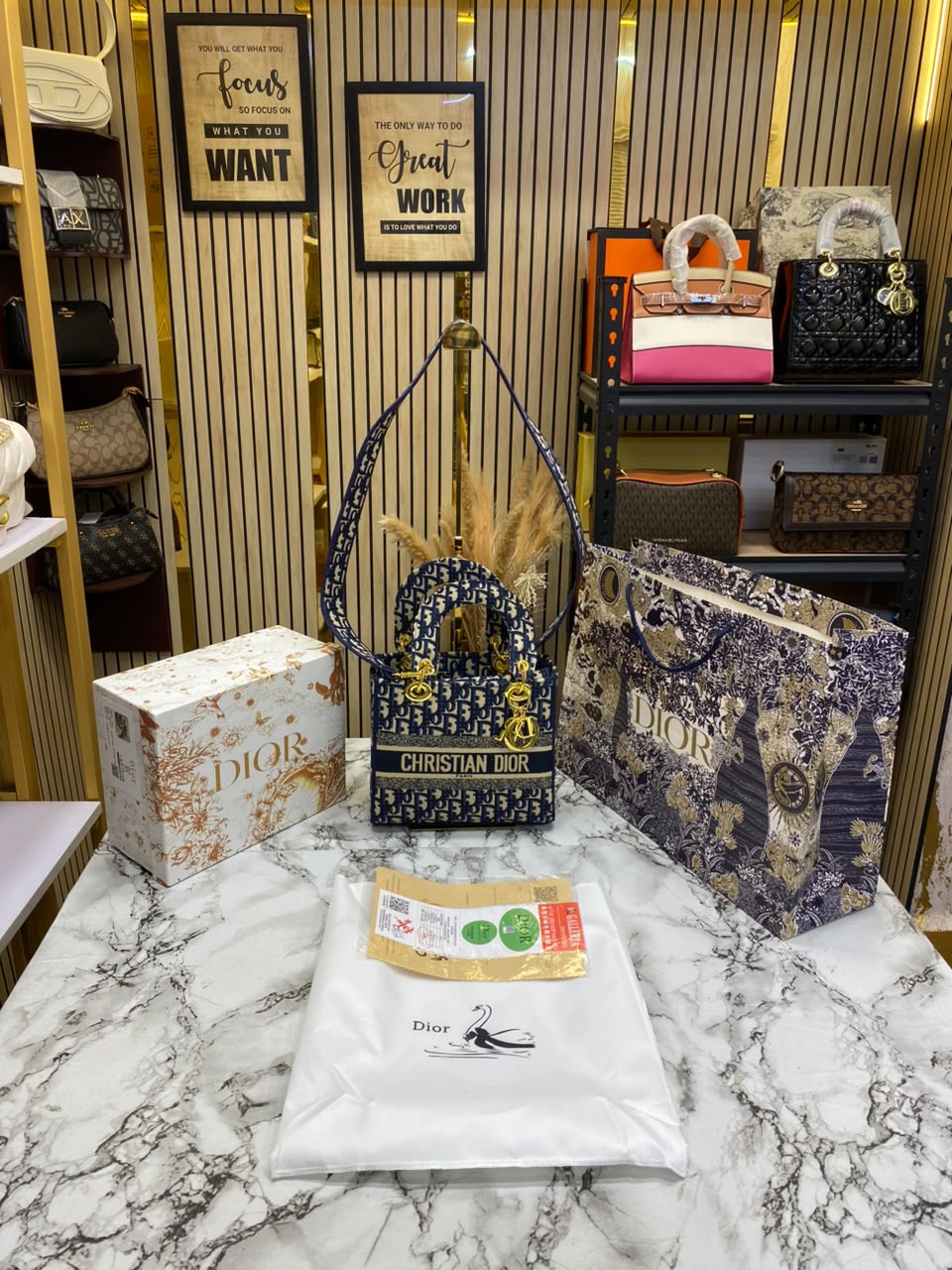 D-Inspired Lady Oblique With Box Dust bag And Carry Bag (Blue)