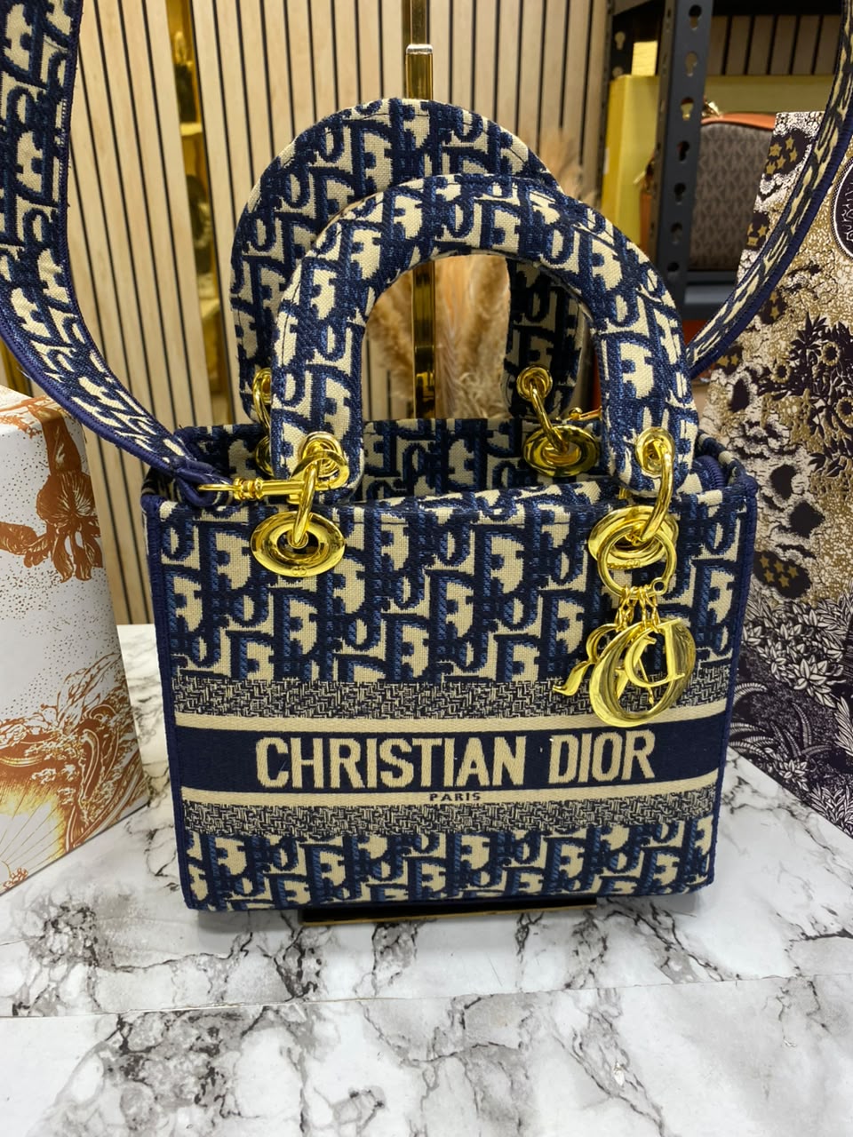 D-Inspired Lady Oblique With Box Dust bag And Carry Bag (Blue)
