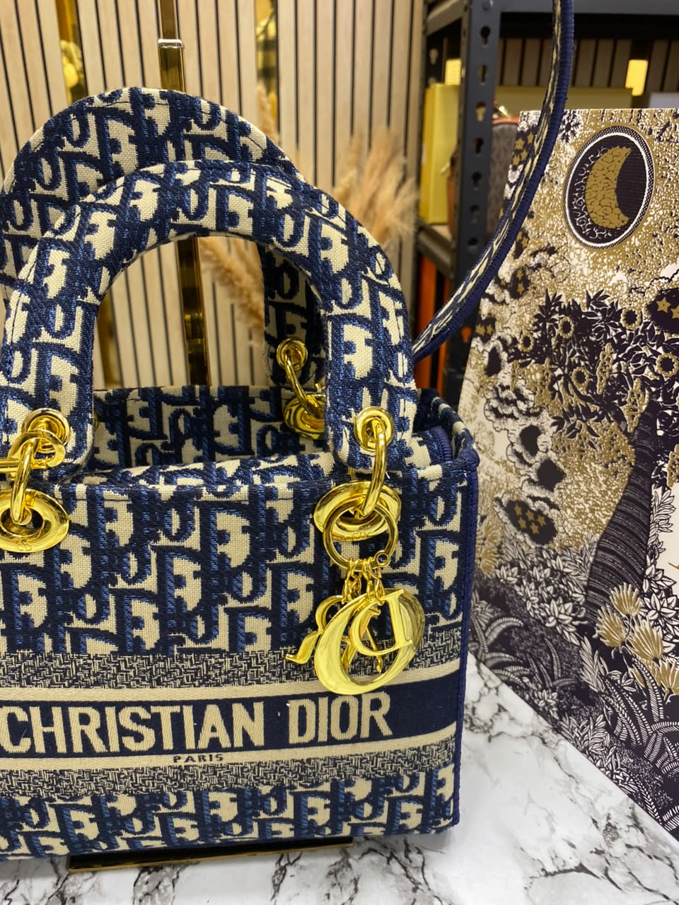 D-Inspired Lady Oblique With Box Dust bag And Carry Bag (Blue)
