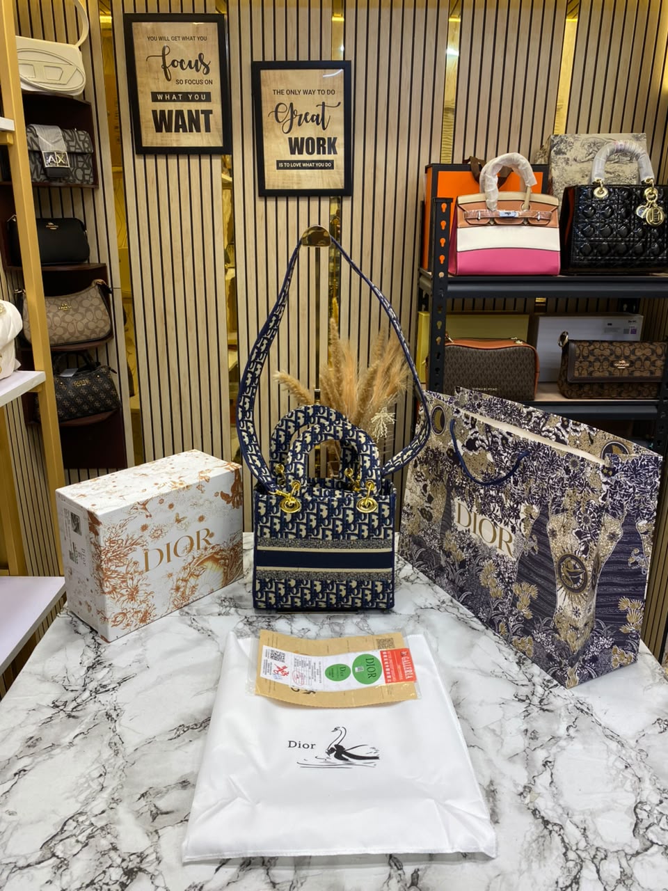 D-Inspired Lady Oblique With Box Dust bag And Carry Bag (Blue)
