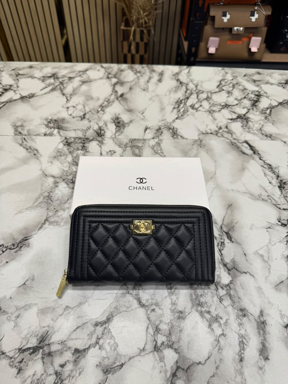 Chanel Inspired Long Zipper Wallet With Box(Black/Gold)