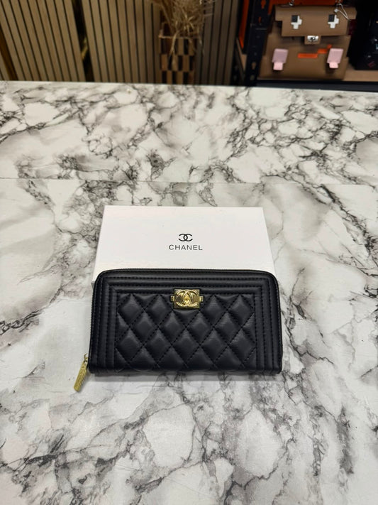 Chanel Inspired Long Zipper Wallet With Box(Black/Gold)