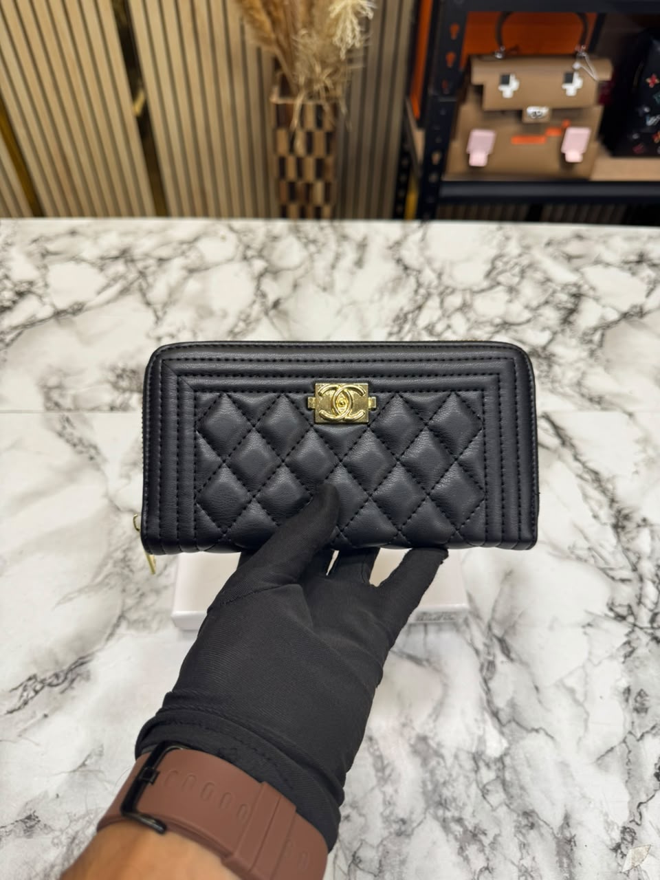 Chanel Inspired Long Zipper Wallet With Box(Black/Gold)