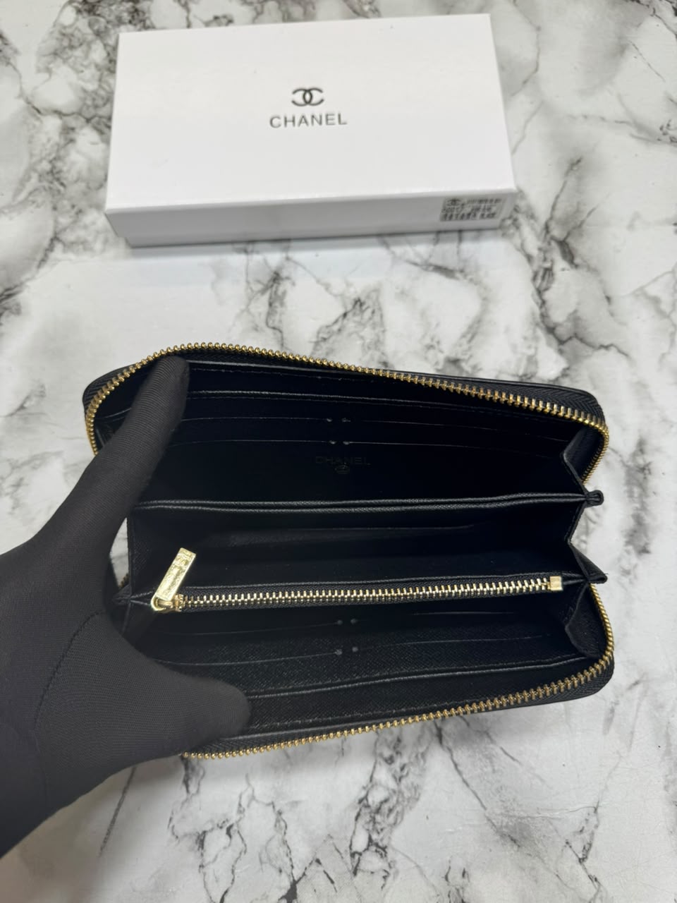 Chanel Inspired Long Zipper Wallet With Box(Black/Gold)