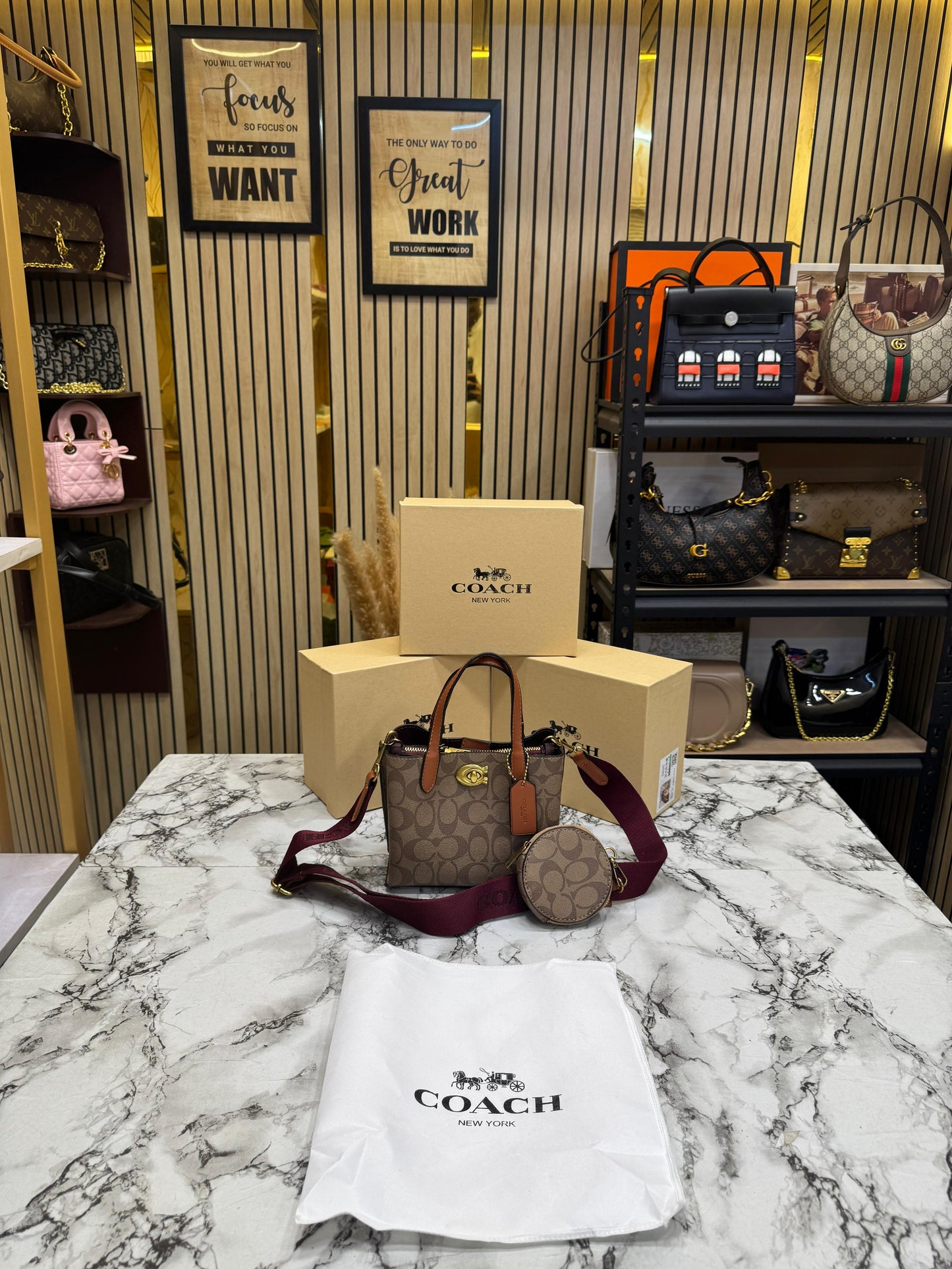 C-Inspired Willow Monogram Canvas Mini Tote Bag With Coin Pouch Including Box And Dust Bag (Apricot Brown)