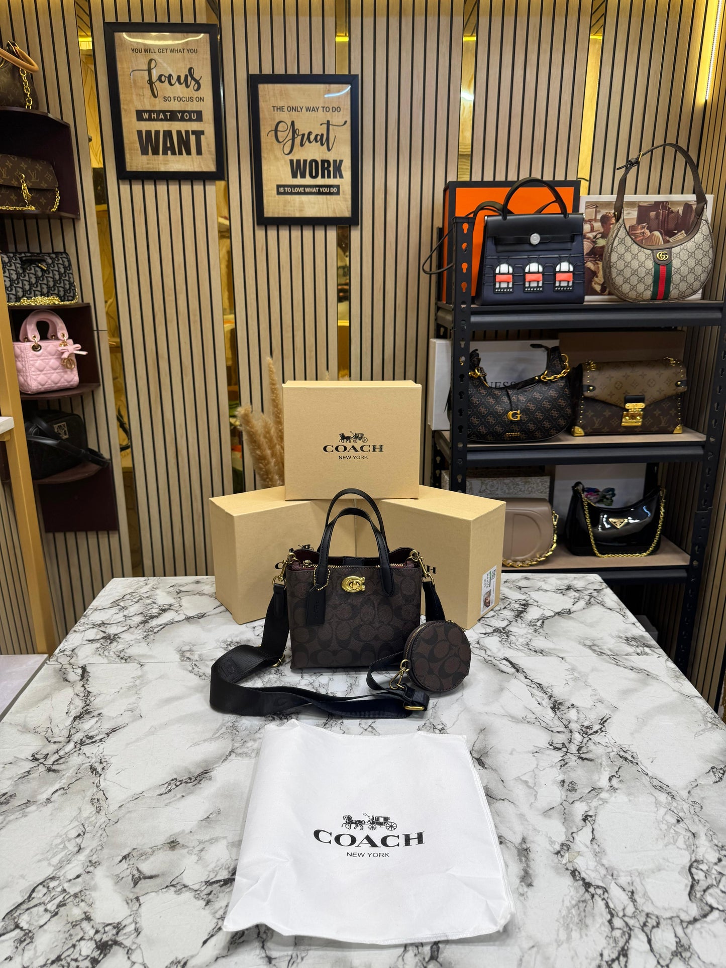 C-Inspired Willow Monogram Canvas Mini Tote Bag With Coin Pouch Including Box And Dust Bag (Coffee)