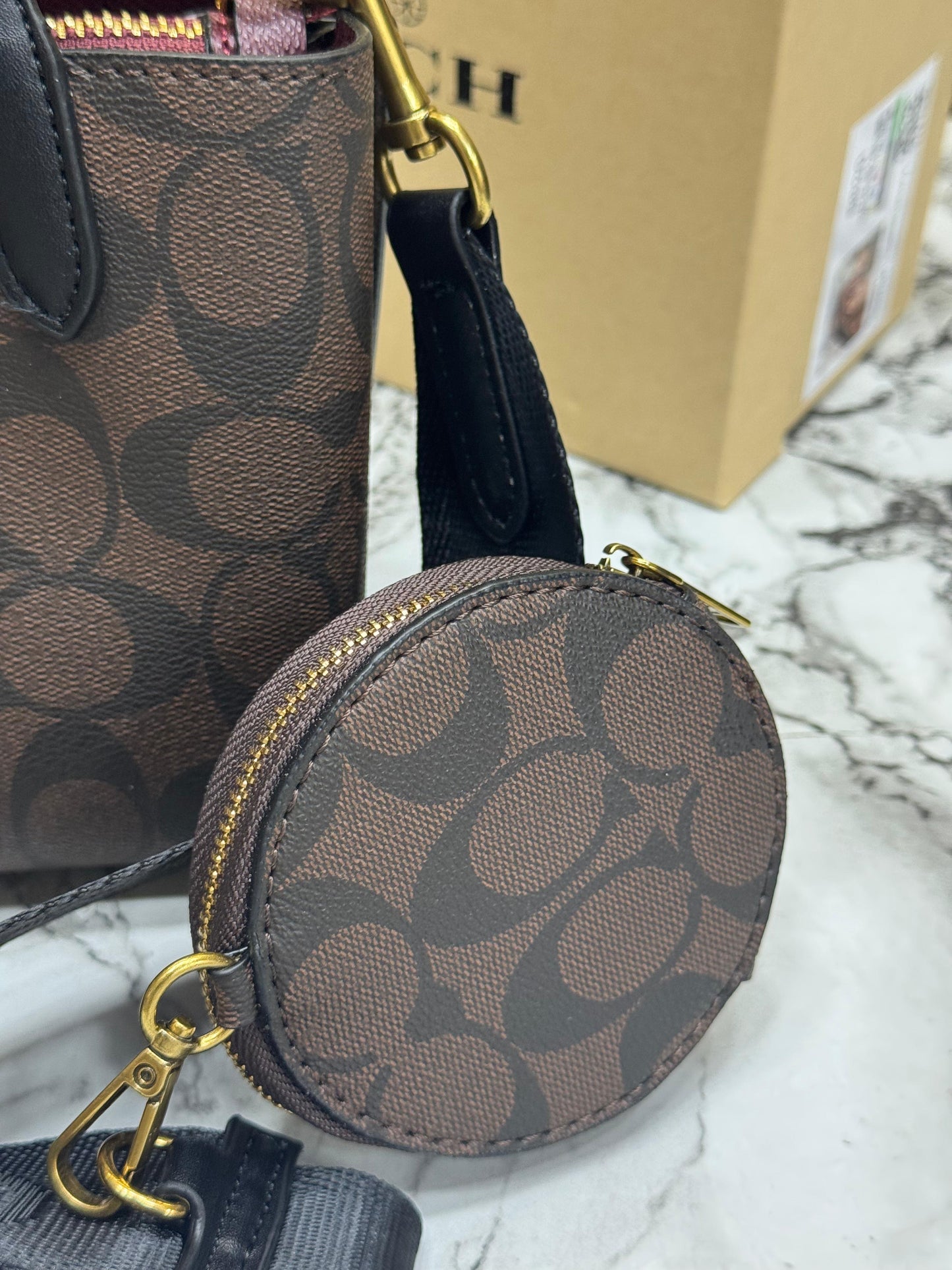 C-Inspired Willow Monogram Canvas Mini Tote Bag With Coin Pouch Including Box And Dust Bag (Coffee)