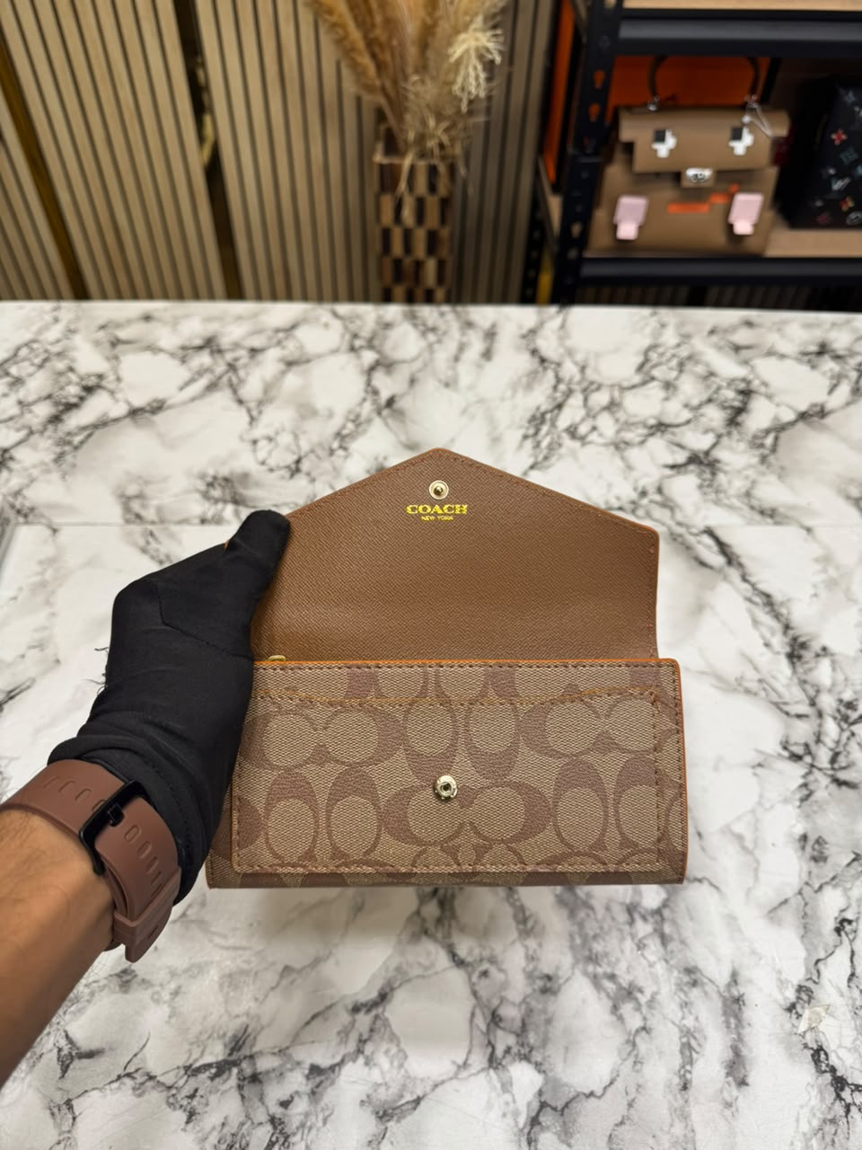 C-Inspired Women's Slim Signature Canvas Envelope Long Wallet (Brown)