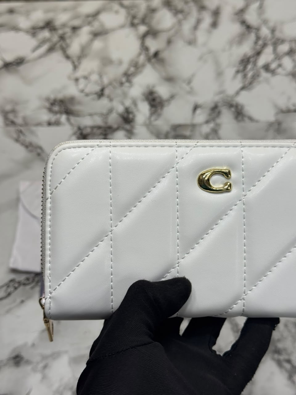 C-Inspired Quilted Long Zipper Premium Wallet Includes Card Box And Dust Bag (White)