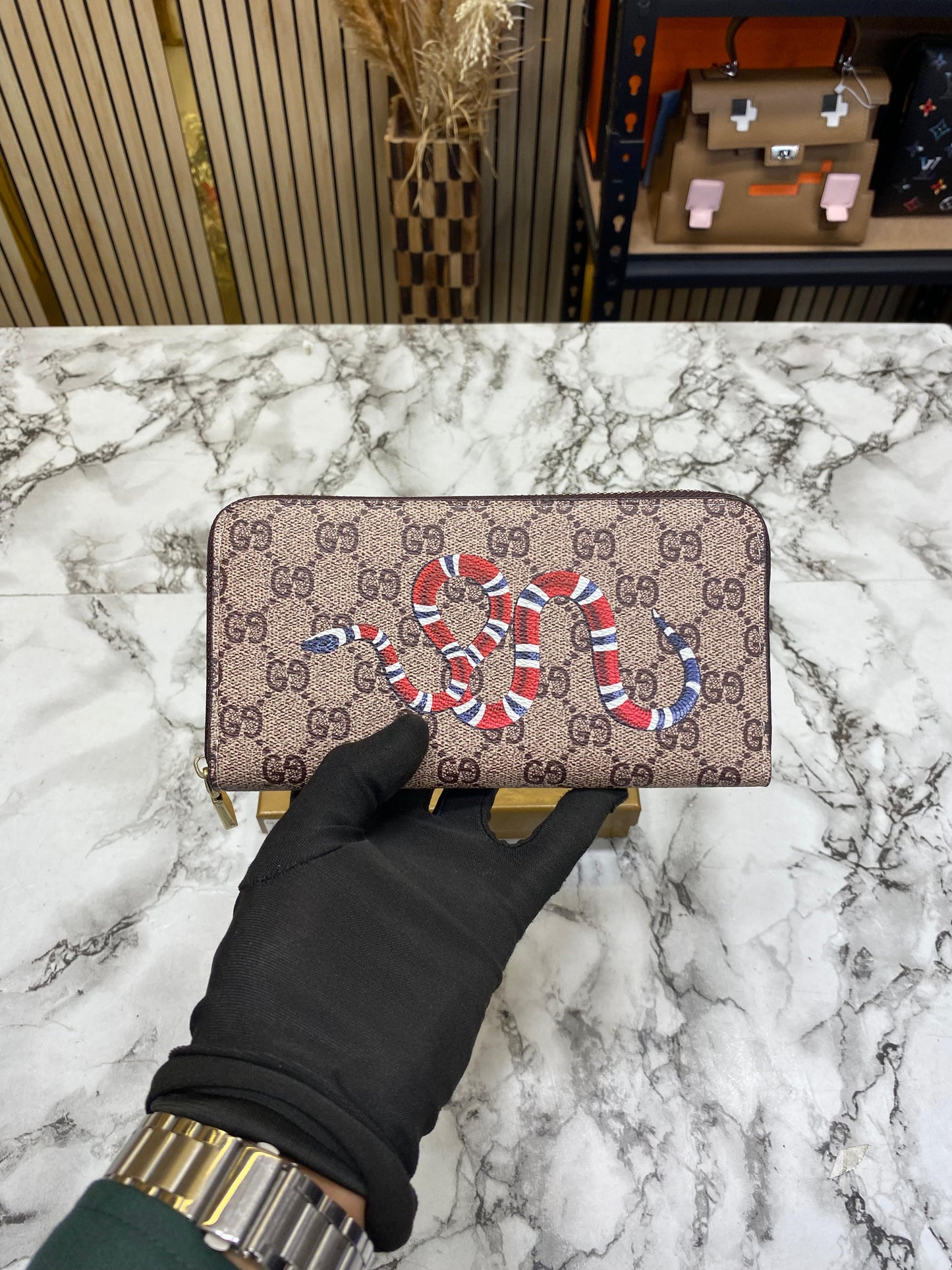 G-Inspired Long Zip Around Wallet With Box And Dust Bag (Apricot Snake)