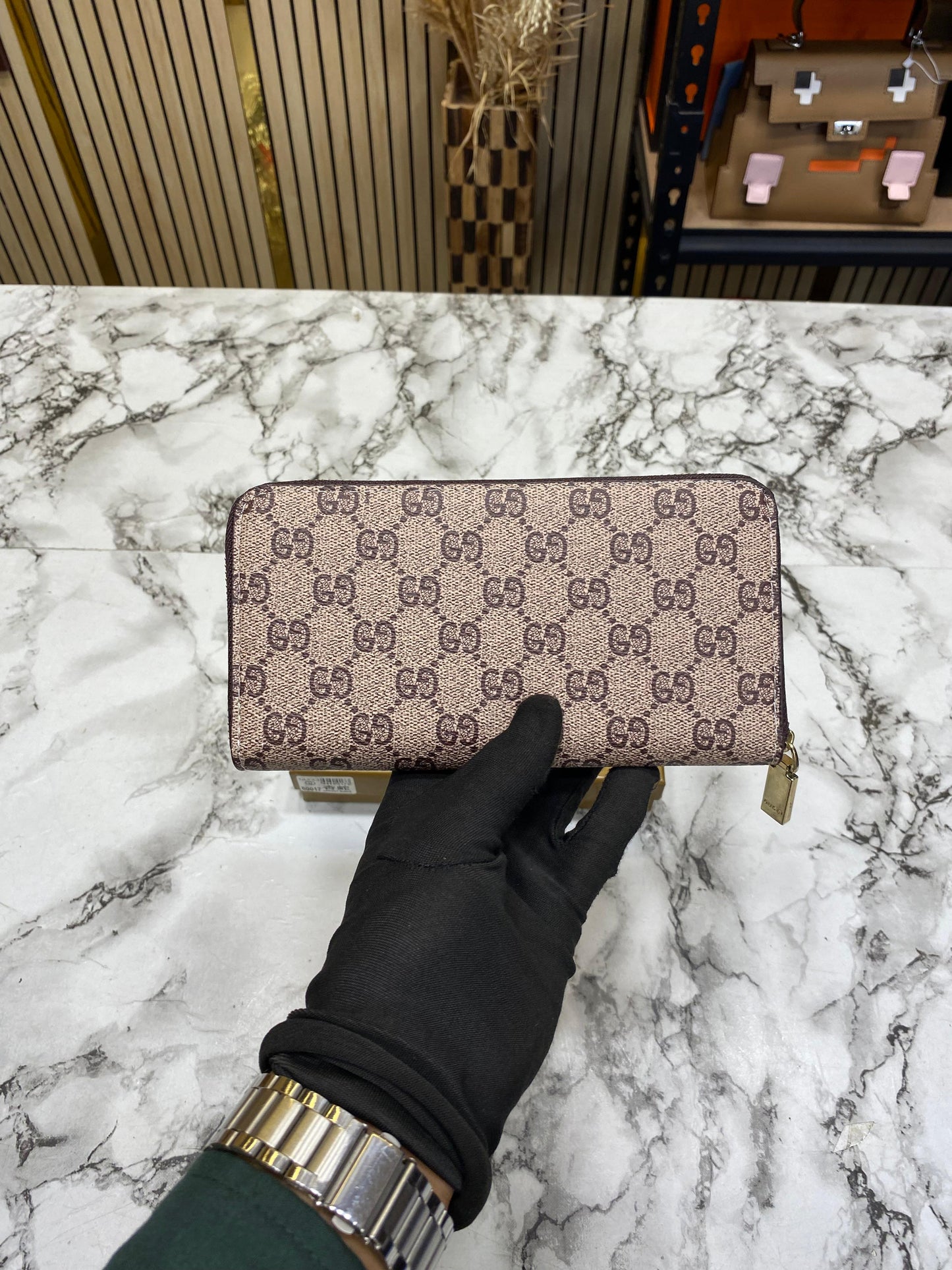 G-Inspired Long Zip Around Wallet With Box And Dust Bag (Apricot Snake)