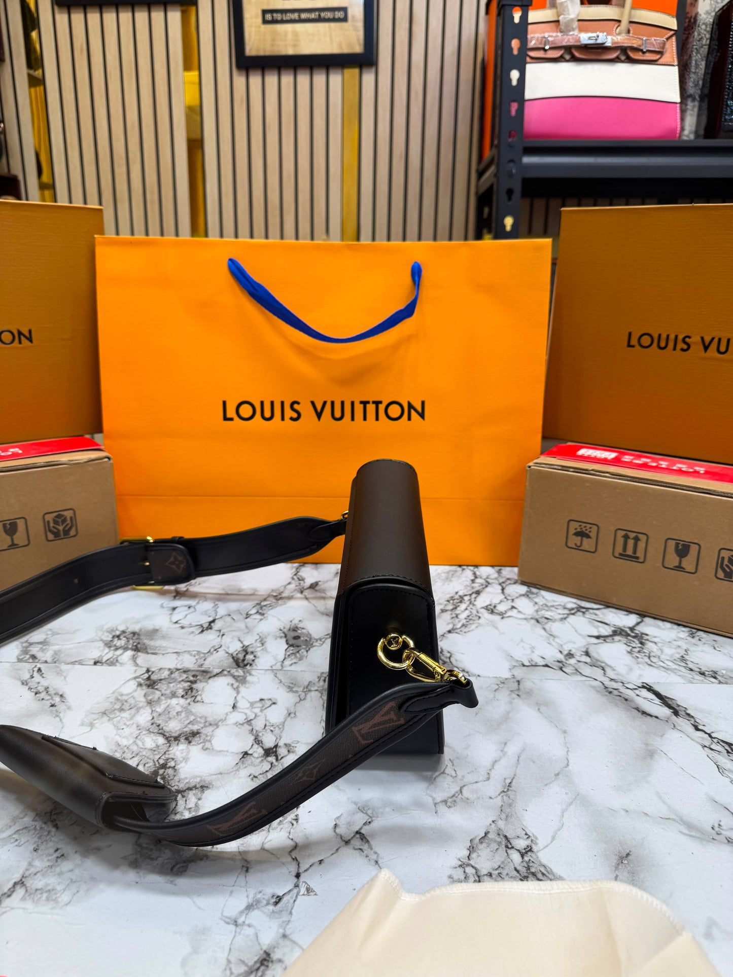 LV-inspired officier pouch sling bag with dust bag & double box including carry bag premium quality [ black]