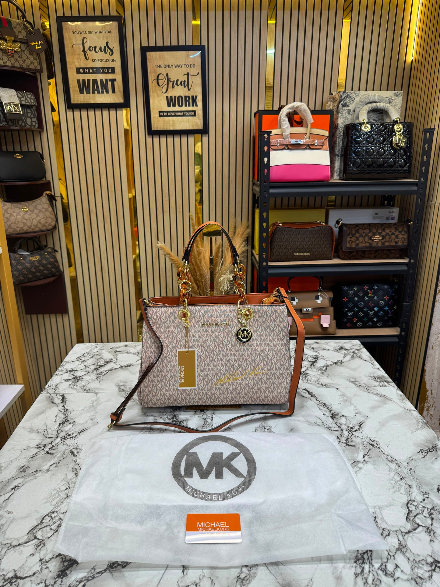 MK-Inspired Cynthia Signature Satchel Bag With Dust Bag (Biege)