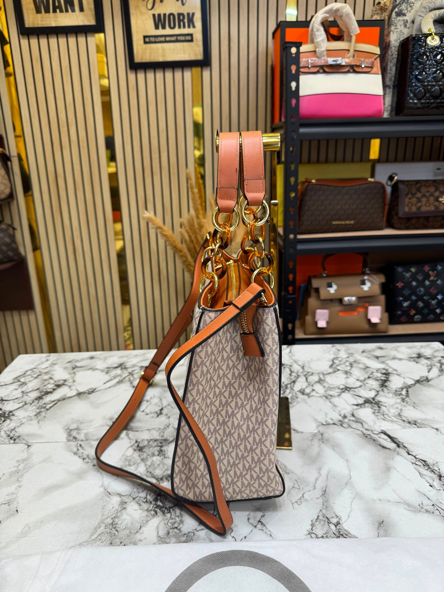 MK-Inspired Cynthia Signature Satchel Bag With Dust Bag (Biege)