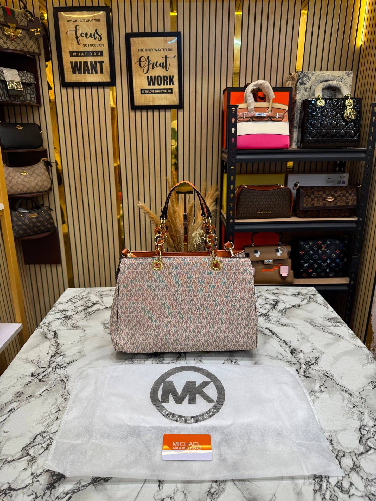 MK-Inspired Cynthia Signature Satchel Bag With Dust Bag (Biege)