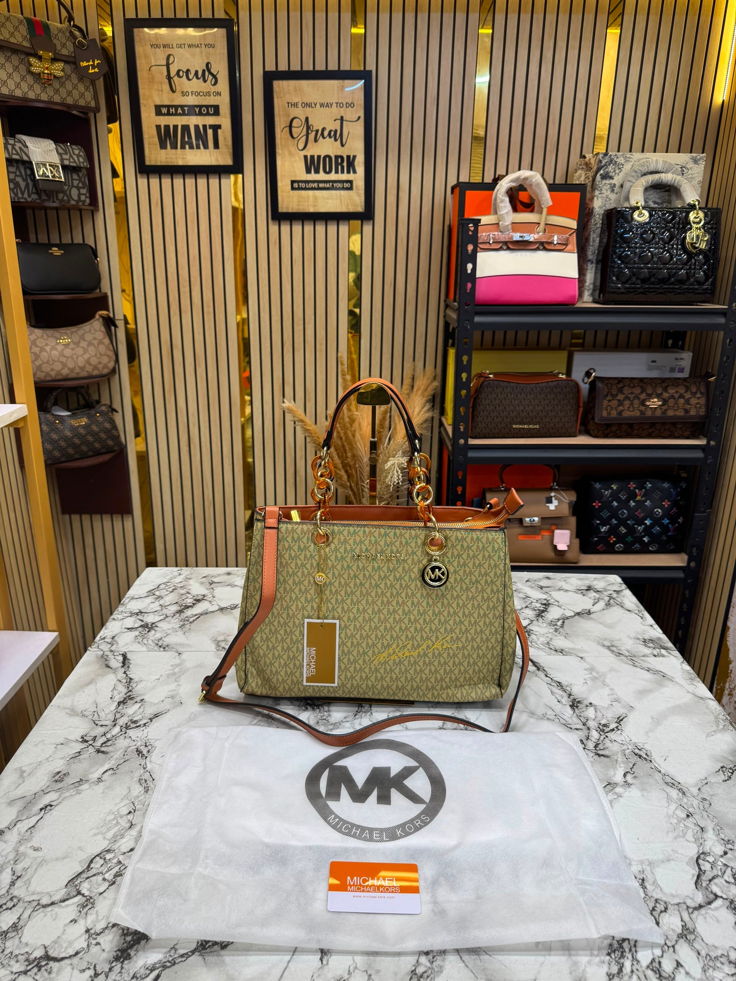 MK-Inpired Cynthia Signature Satchel Bag With Dust Bag (Apricot)