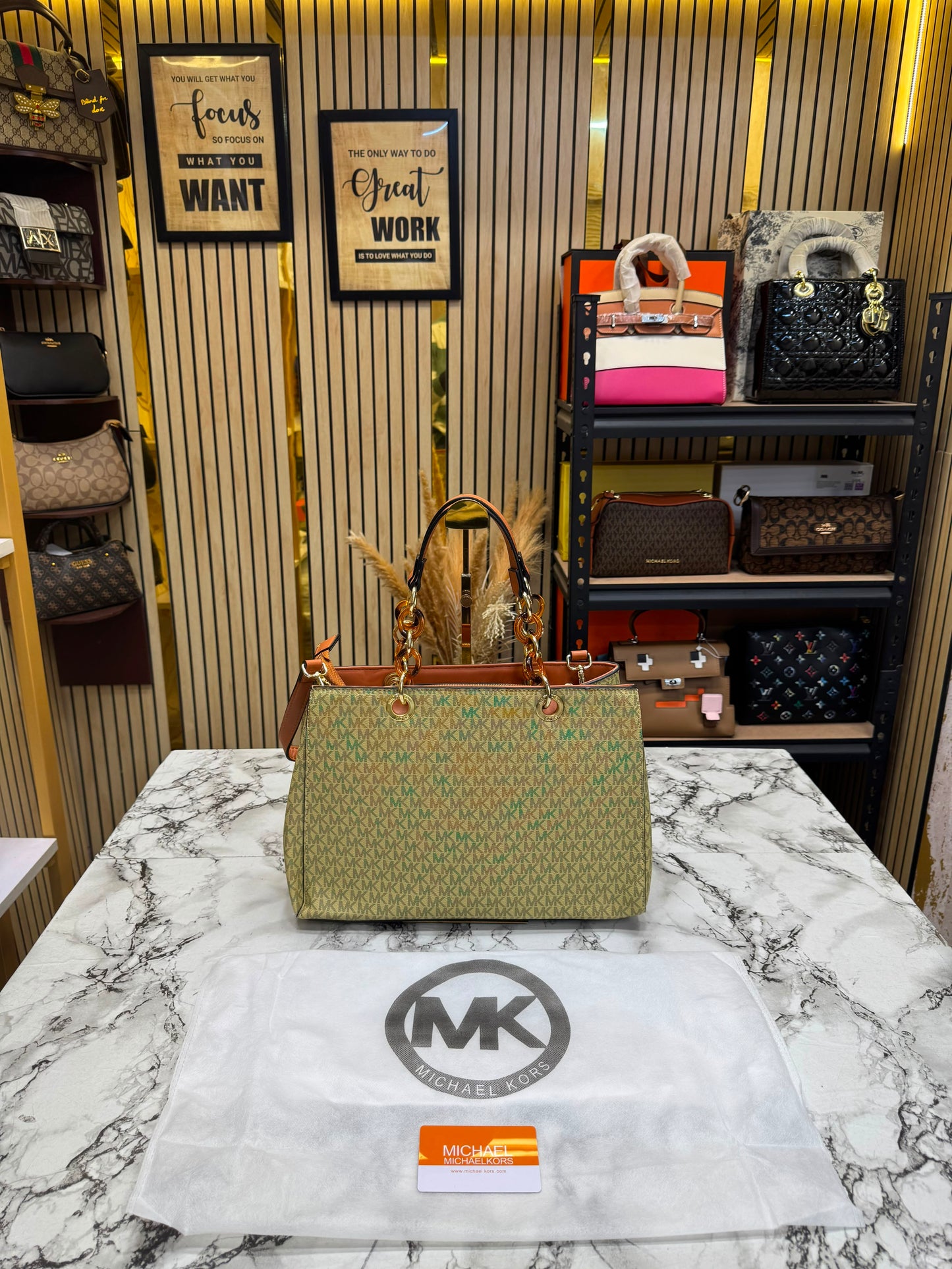 MK-Inpired Cynthia Signature Satchel Bag With Dust Bag (Apricot)