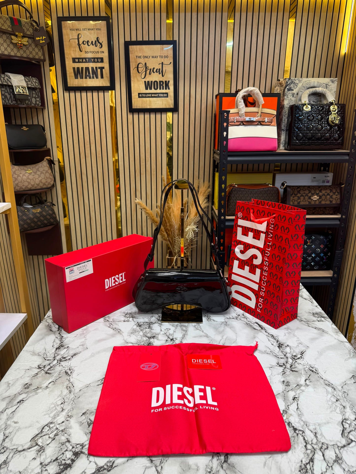 Diesel Inspired Play Play Glossy Shoulder Bag With Box And Dust Bag Including Carry Bag (Black)
