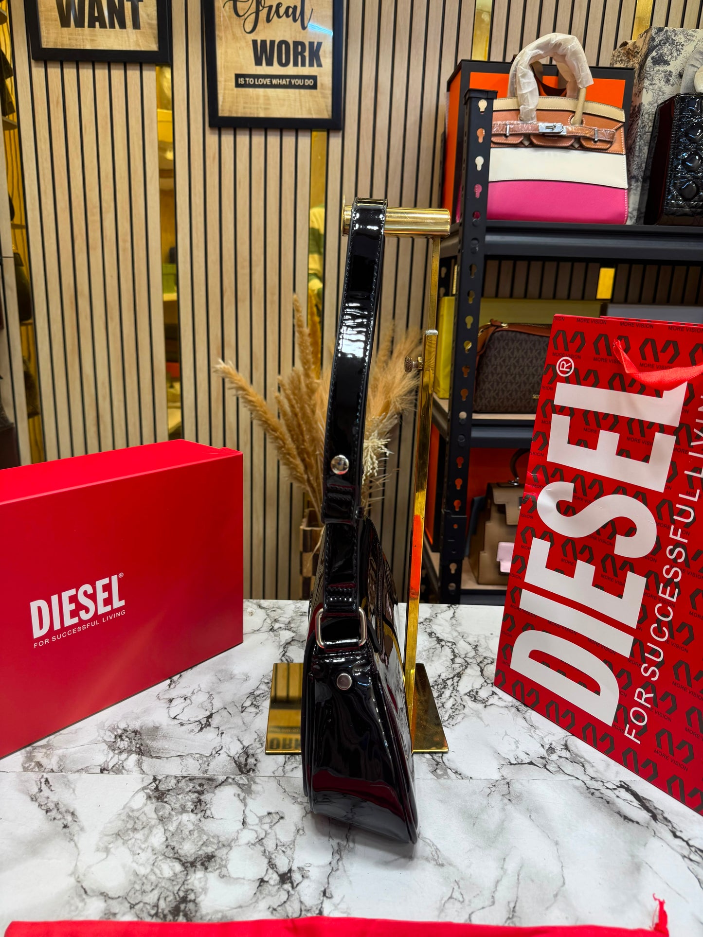 Diesel Inspired Play Play Glossy Shoulder Bag With Box And Dust Bag Including Carry Bag (Black)