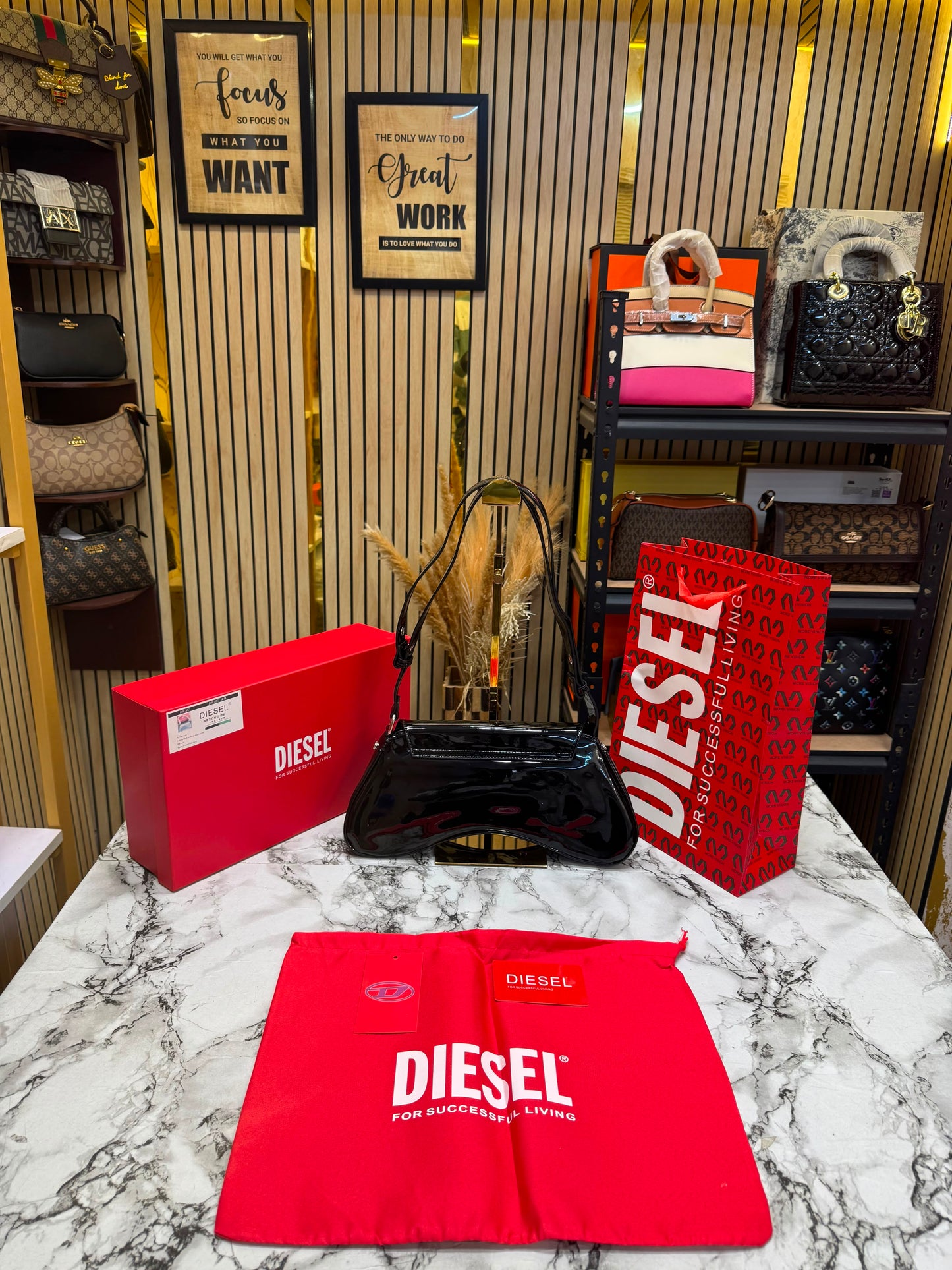 Diesel Inspired Play Play Glossy Shoulder Bag With Box And Dust Bag Including Carry Bag (Black)