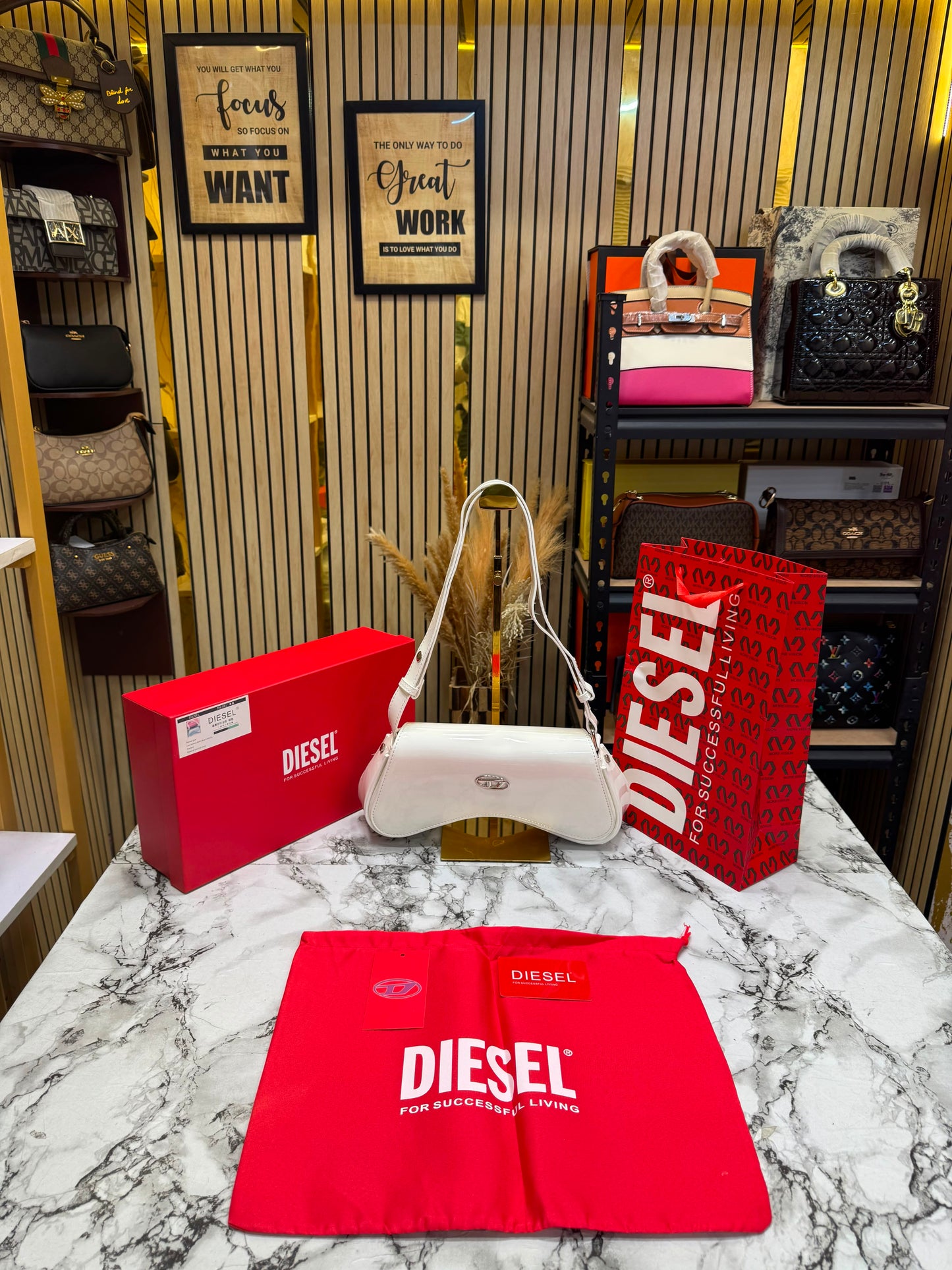 Diesel Inspired Play Glossy Shoulder Bag With Box And Dust Bag Including Carry Bag (White)
