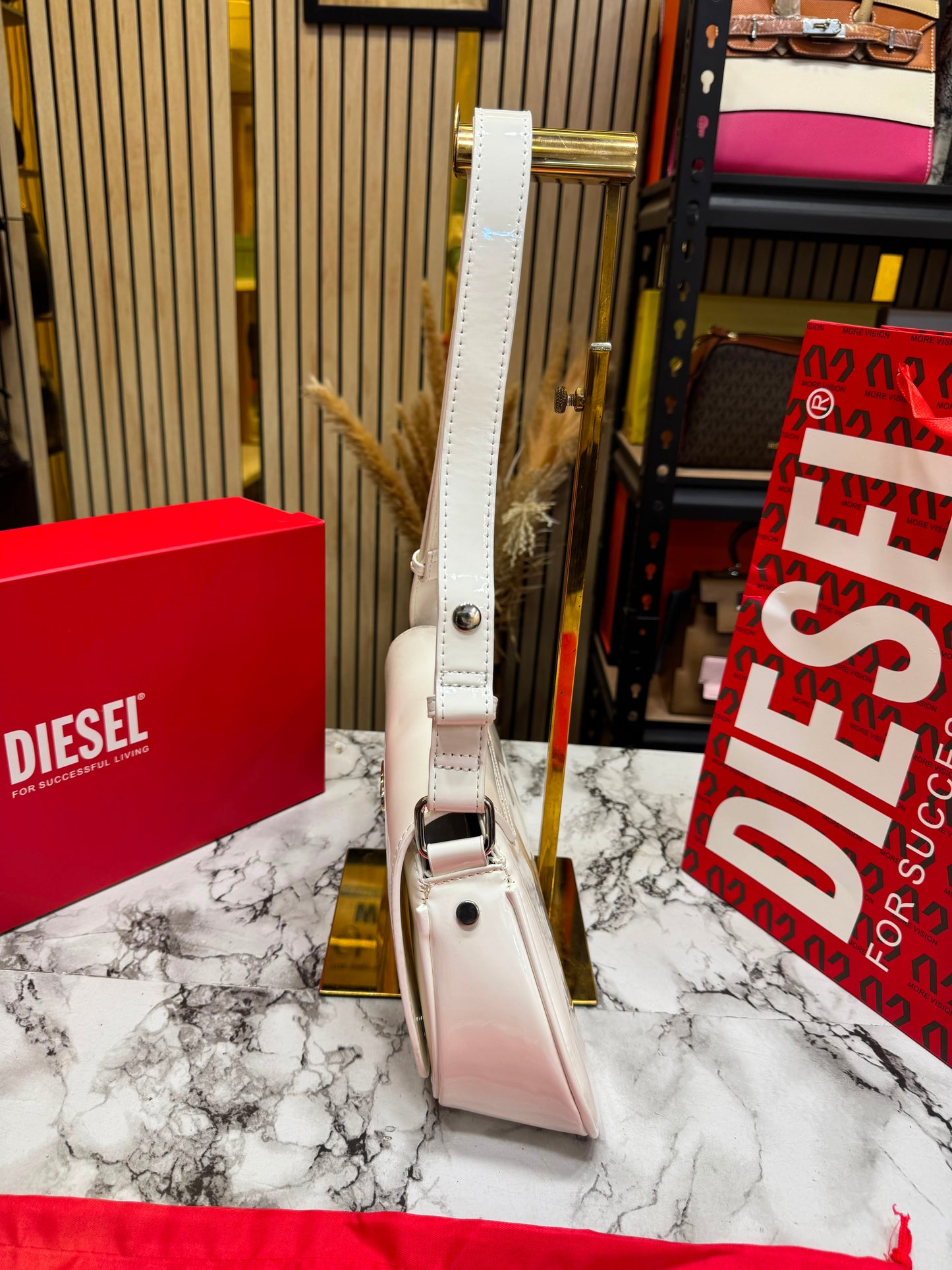 Diesel Inspired Play Glossy Shoulder Bag With Box And Dust Bag Including Carry Bag (White)