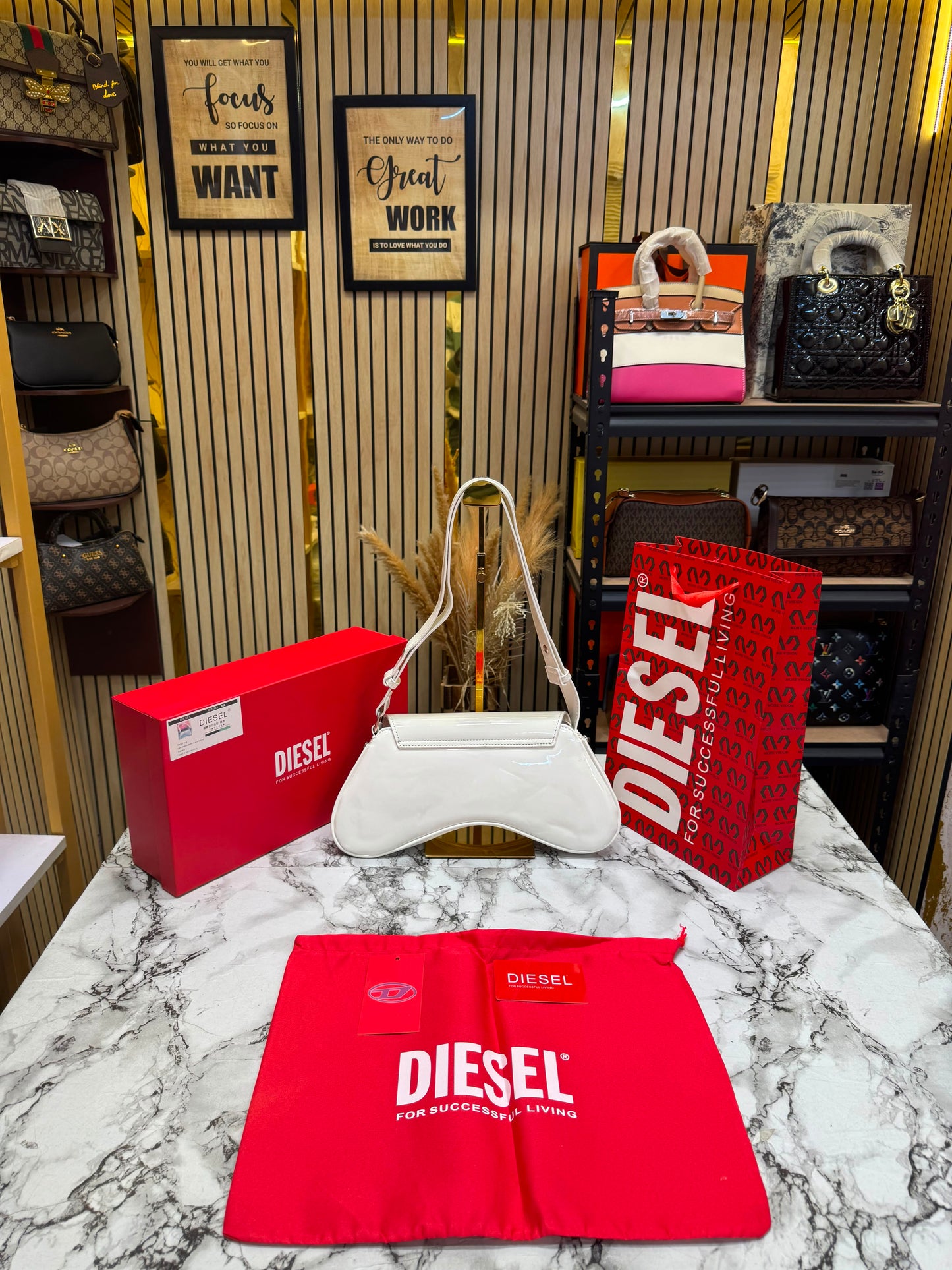 Diesel Inspired Play Glossy Shoulder Bag With Box And Dust Bag Including Carry Bag (White)