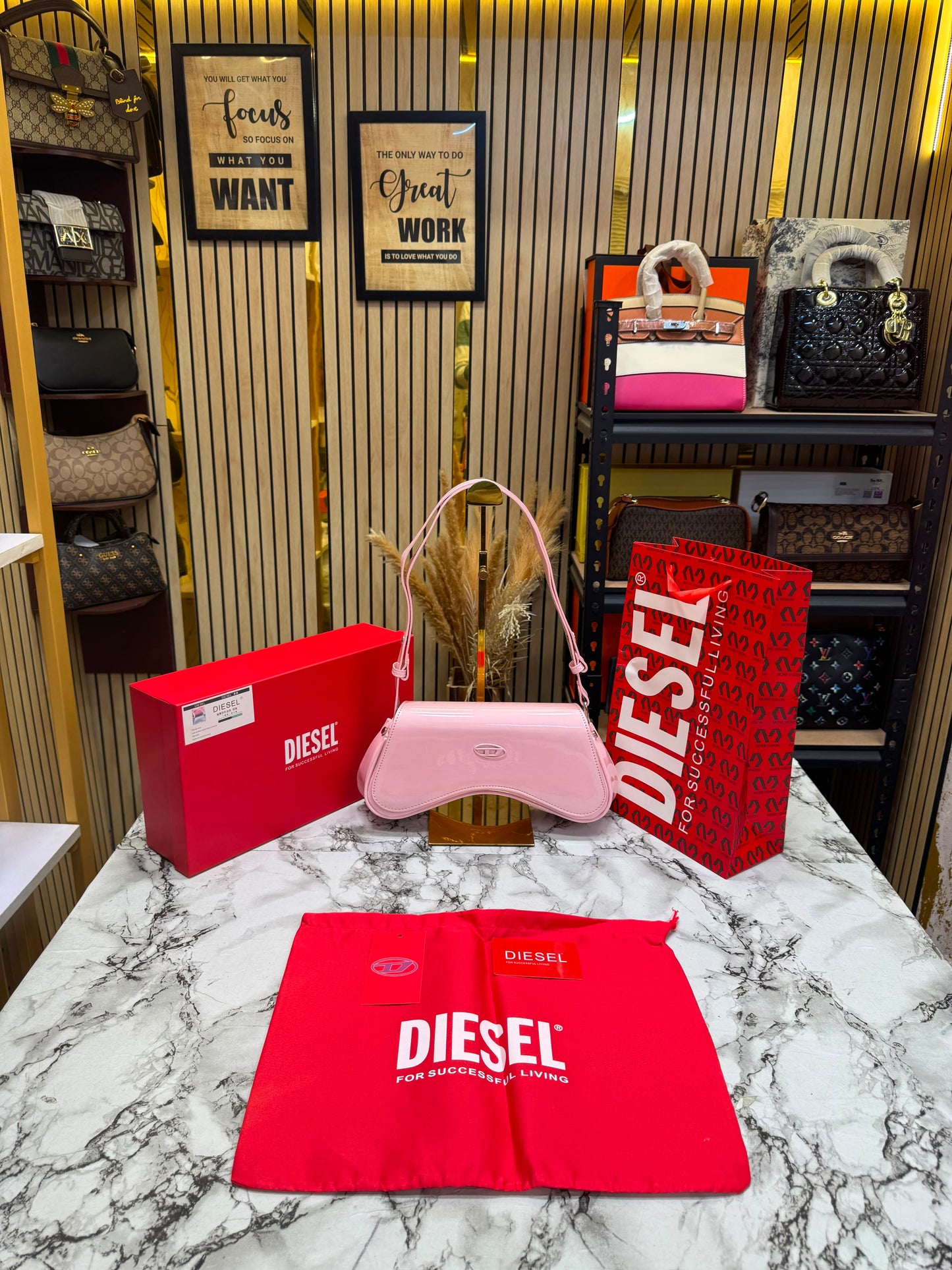 Diesel Inspired Play Play Glossy Shoulder Bag With Box And Dust Bag Including Carry Bag (Pink)