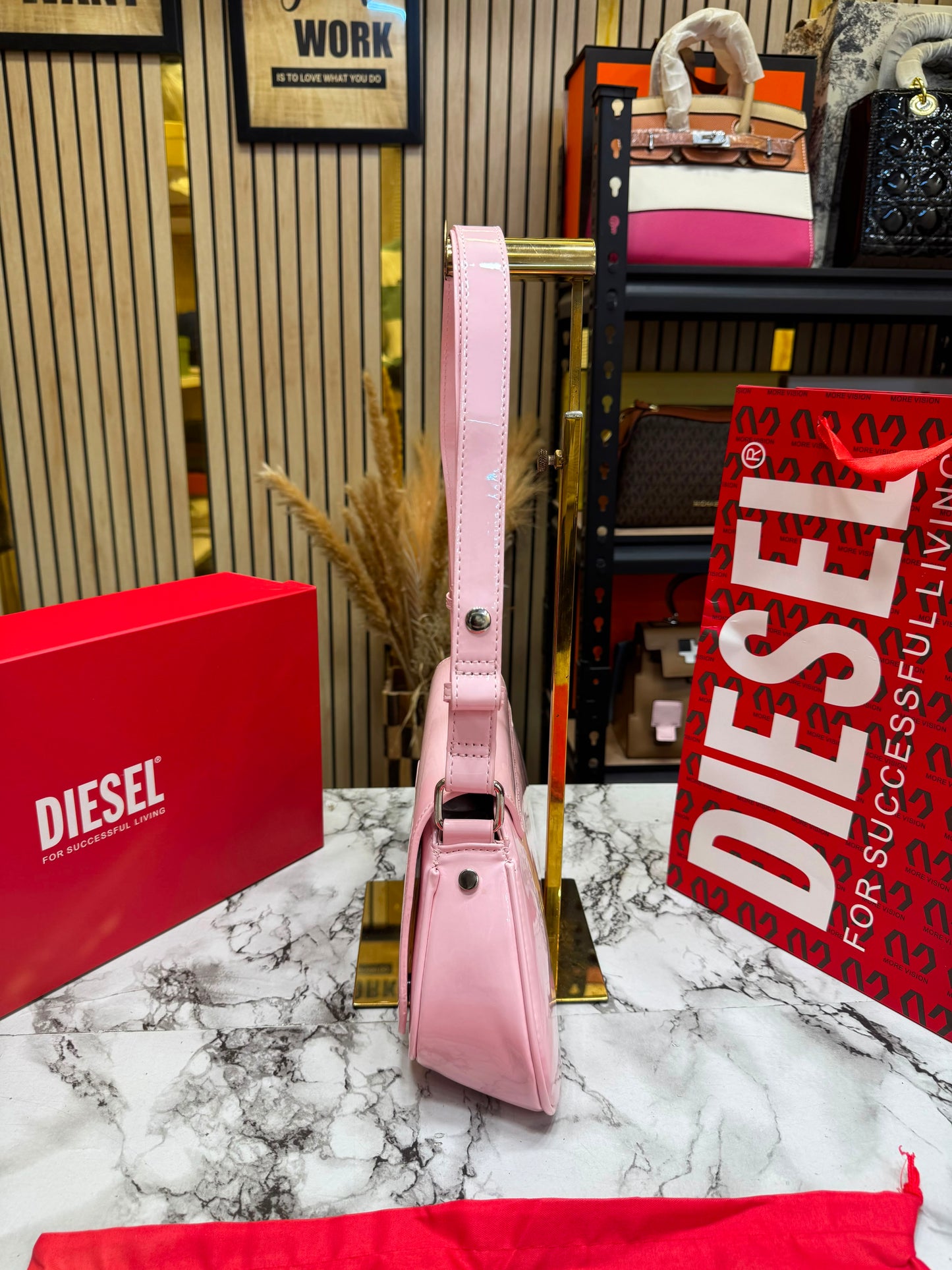 Diesel Inspired Play Play Glossy Shoulder Bag With Box And Dust Bag Including Carry Bag (Pink)